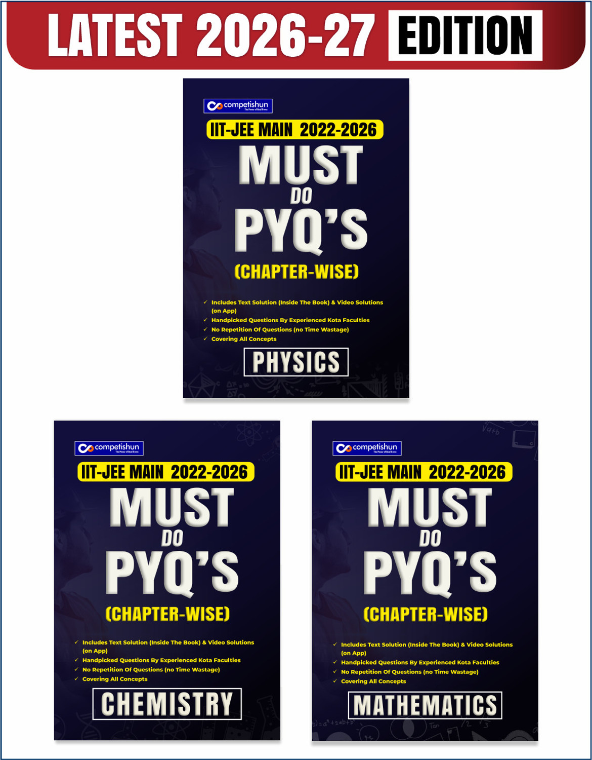 Image of COMPETISHUN JEE Main PYQ PCM 3 Book Combo Set Physics Chemistry Mathematics Chapterwise Solved Papers Must Do PYQs Previous Year Questions 2026-2022