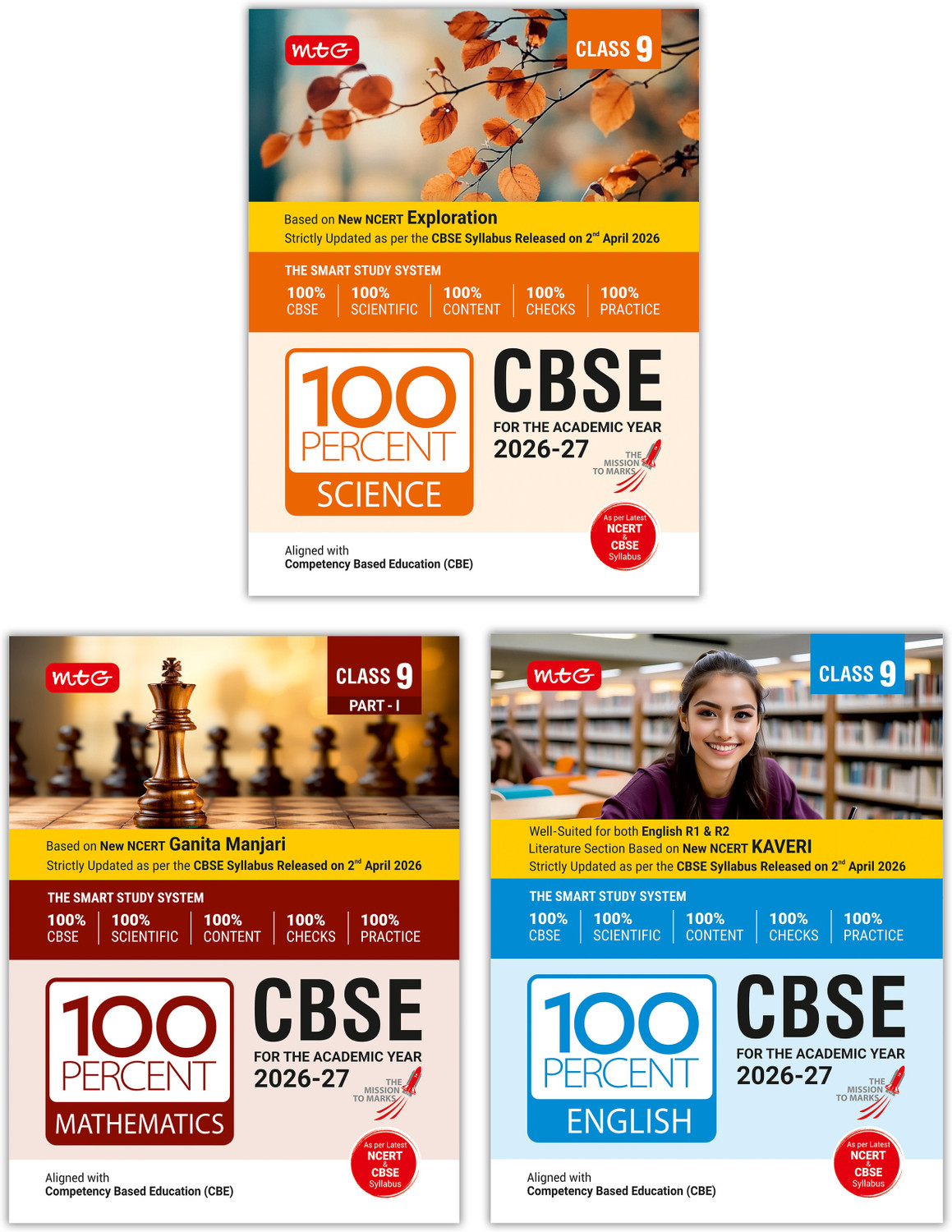 Image of MTG 100 Percent NCERT & CBSE Science, Mathematics Part-1, English Class 9 For 2026-27 Exam (Set Of 3) | As Per Revised NCERT Textbooks Syllabus | Theory, Concept Map, MCQs, Practice Paper & Exam Drill Available All In One Book