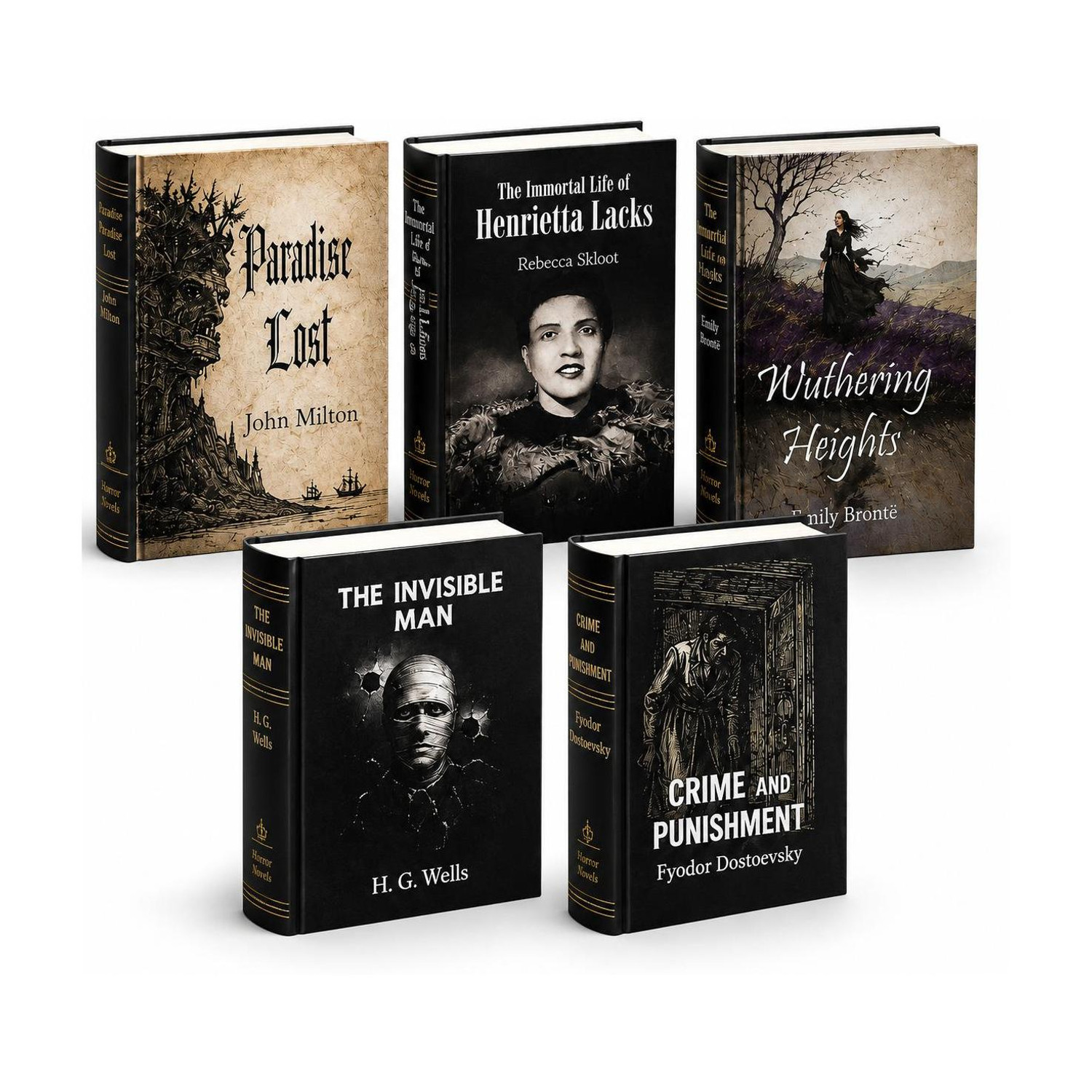 Most Terrific Horror Books Set Of 5. This Horror Novels Set Includes, Paradise Lost, Wuthering Heights By Emily Bronte, The Invisible Man, Crime And Punishment, The Immortal Life Of Henrietta Lacks