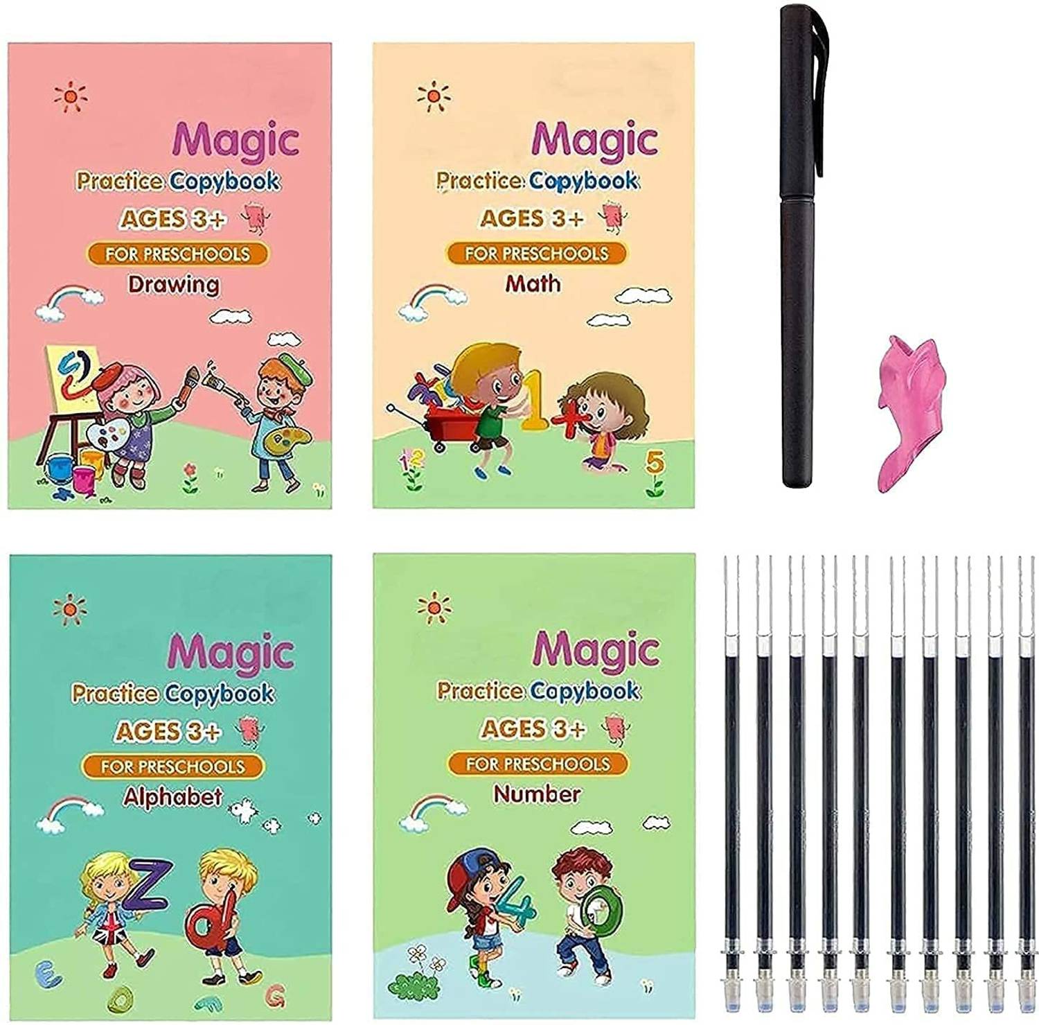 4PCS Magic Practice Copybook For Kids,Magic Calligraphy That Can Be Reused Tracing Handwriting Copybook Set,English Writing Practice Book For Kid (4 Books + 20 Refills)(+ FREE STICKERS)