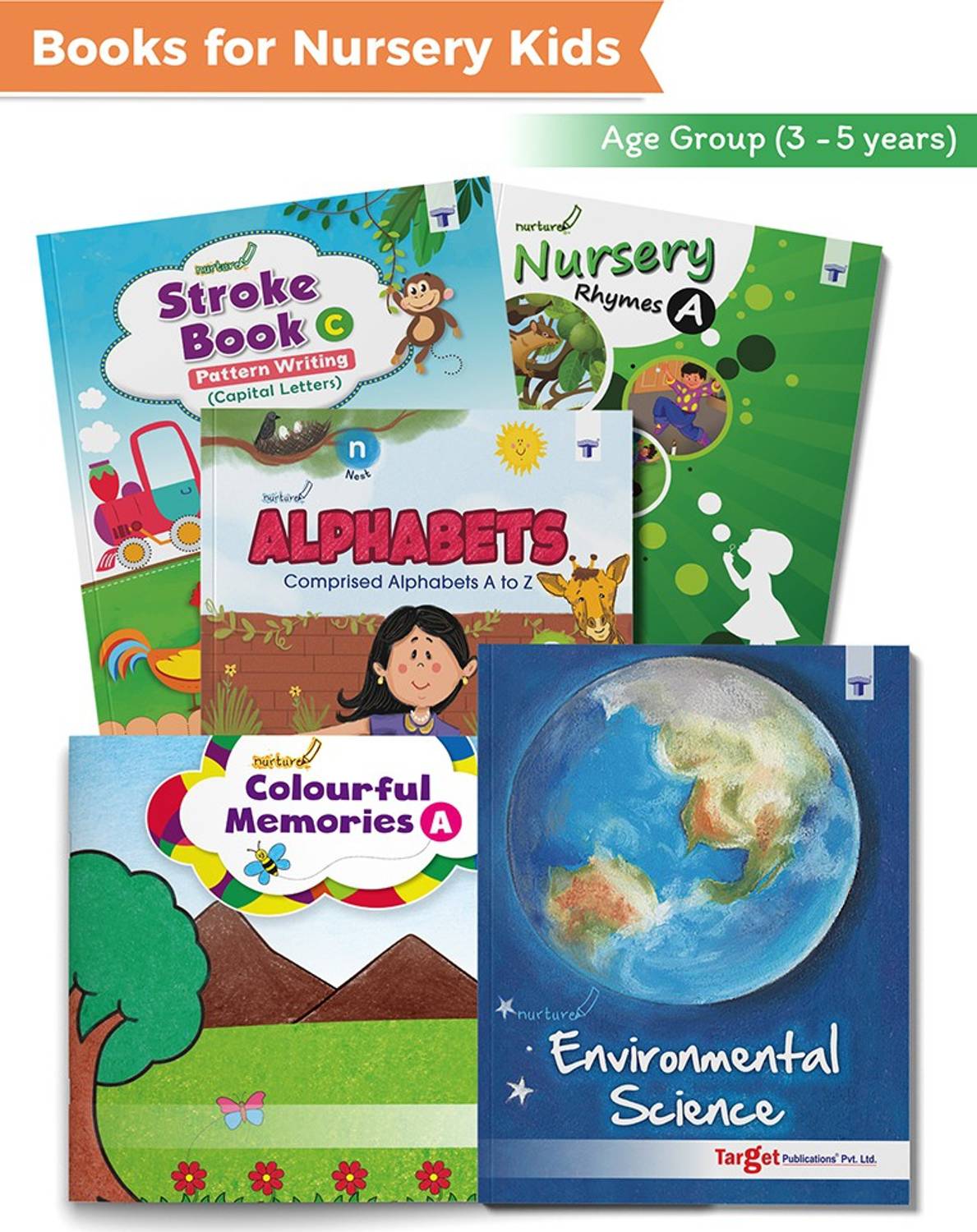 Books For Nursery Kids (Combo Of 5 Books Viz. Nurture Stroke Book C, Nurture Alphabets A To Z, Nurture Nursery Rhymes A, Nurture Environmental Science And Nurture Colourful Memories A)