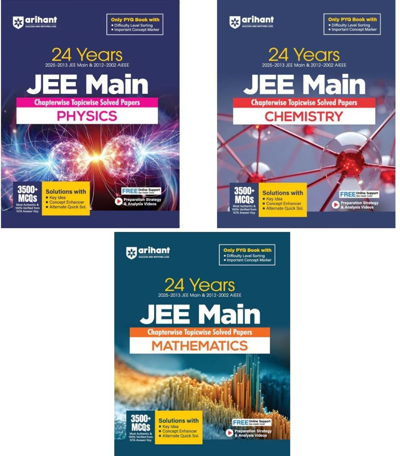 Image of Arihant - JEE Main Physics + Chemistry + Mathematics Combo ( Set Of 3 Books ) - 24 Years ( 2015 - 2013 JEE Main & 2012-2002 AIEEE ) - Chapterwise - Topicwise Solved Papers - New Edition 2026