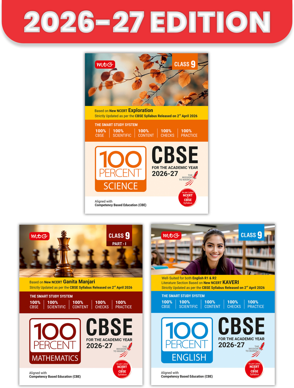 Image of MTG 100 Percent NCERT & CBSE Science, Mathematics Part-1, English Class 9 For 2026-27 Exam (Set Of 3) | As Per Revised NCERT Textbooks Syllabus | Theory, Concept Map, MCQs, Practice Paper & Exam Drill Available All In One Book
