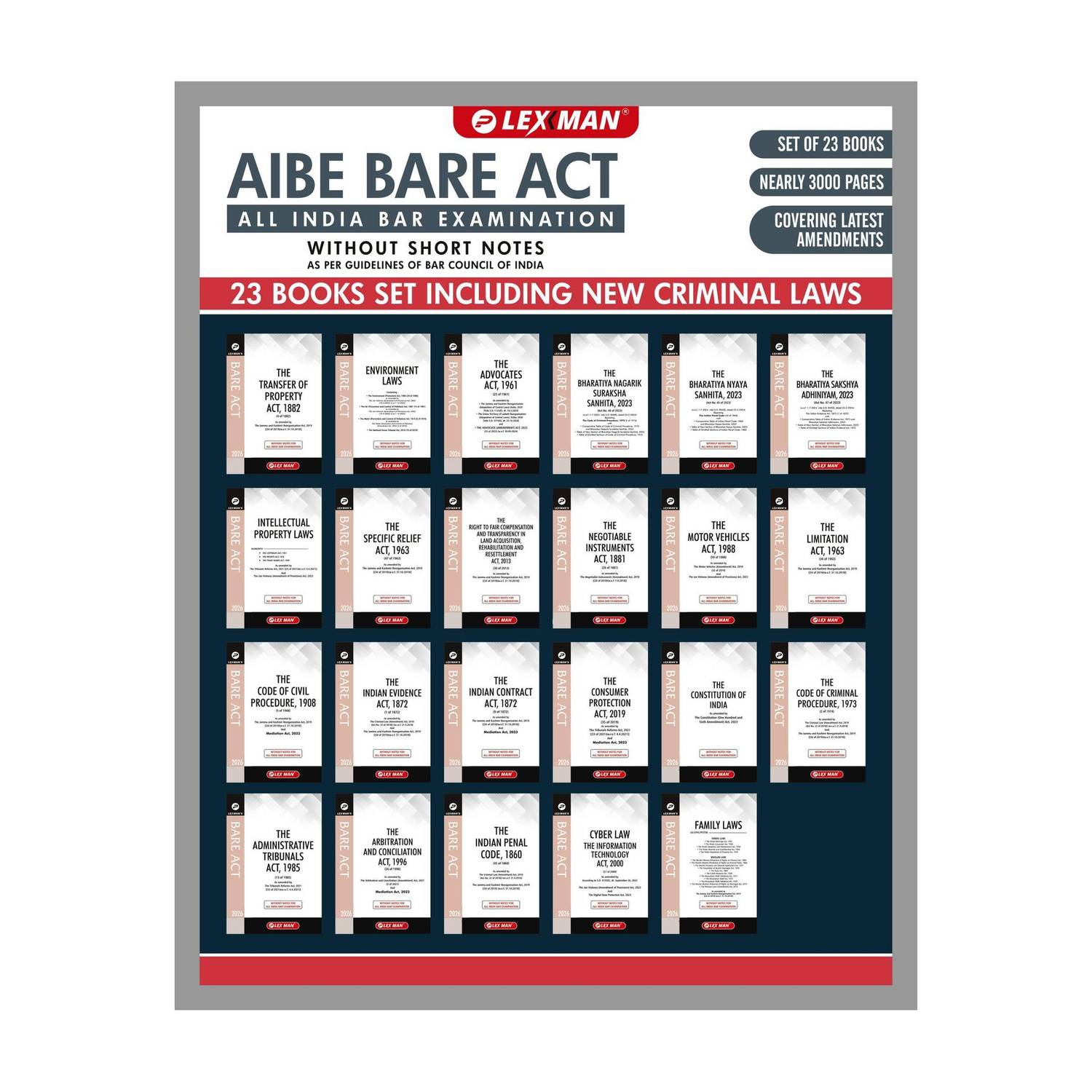 Aibe Bare Act (All India Bar Examination) Without Short Notes 23 Books Set Including New Criminal Laws