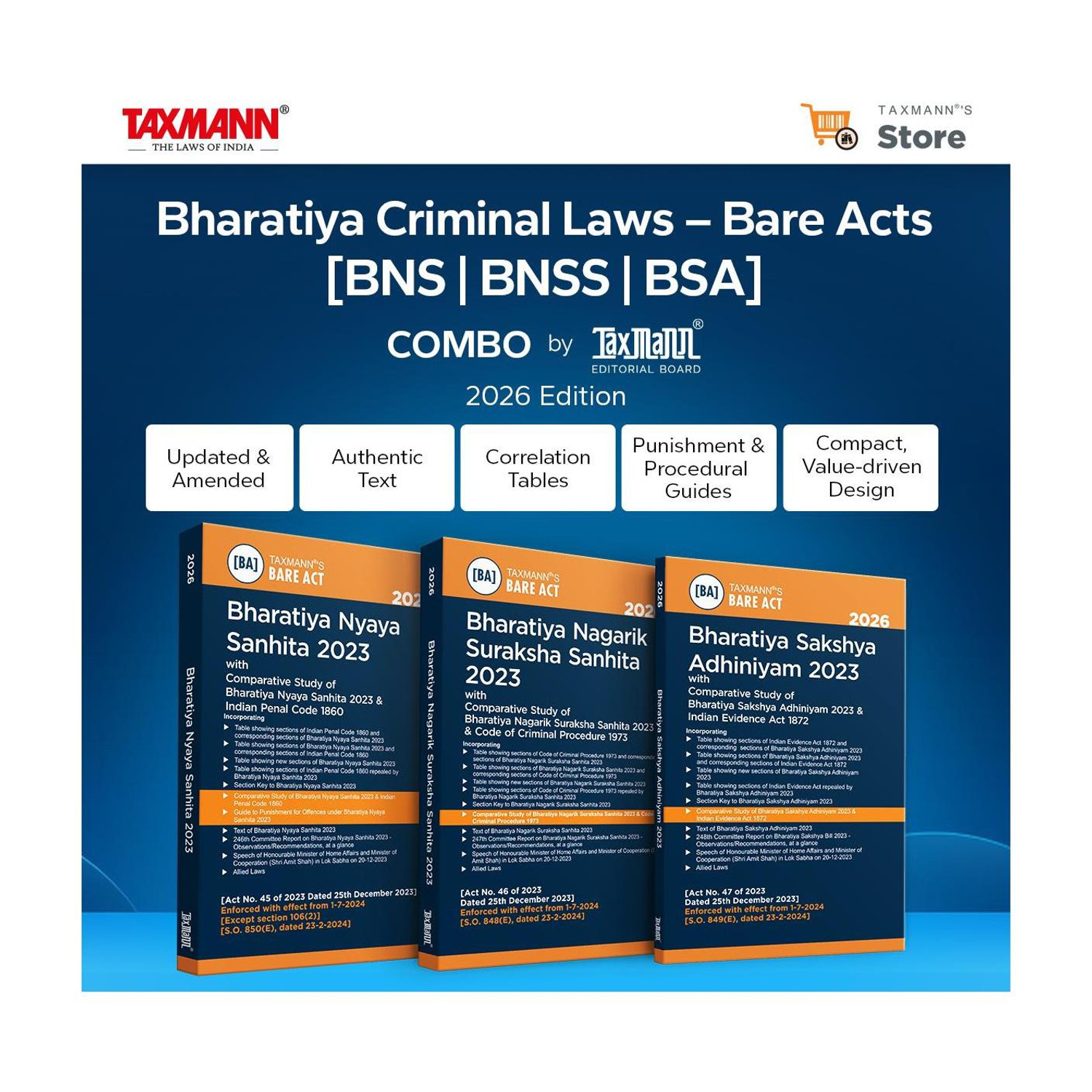 Image of Taxmann's Bharatiya Criminal Laws - Bare Acts COMBO [BNS | BNSS | BSA] - Presenting The Complete | Updated Texts With Comparative Tools | Legislative Aids | Set Of 3 Books
