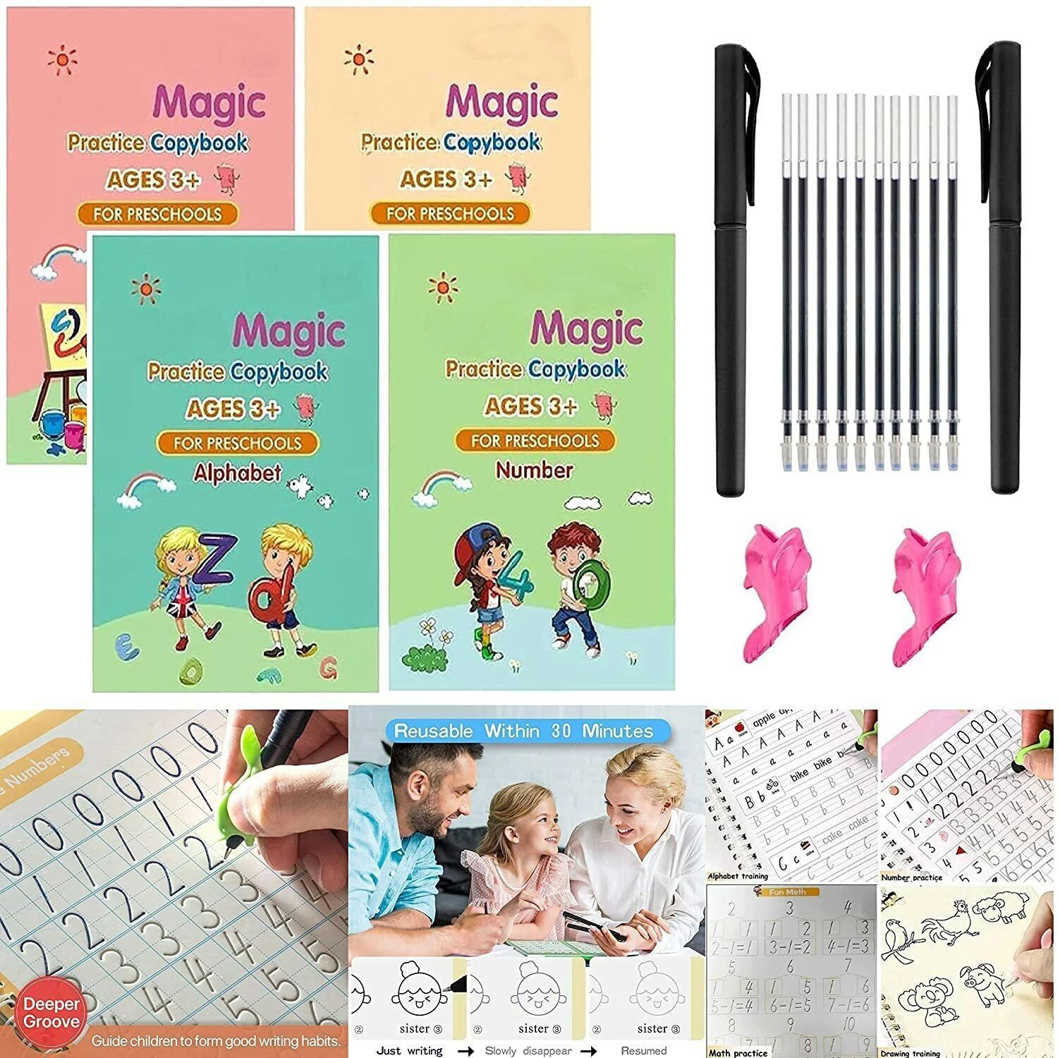 Image of Sank Magic Practice Copybook, (4 BOOK + 1 PEN + 10 REFILL) Number Tracing Book For Preschoolers With Pen, Magic Calligraphy Books For Kids Reusable Writing Tool