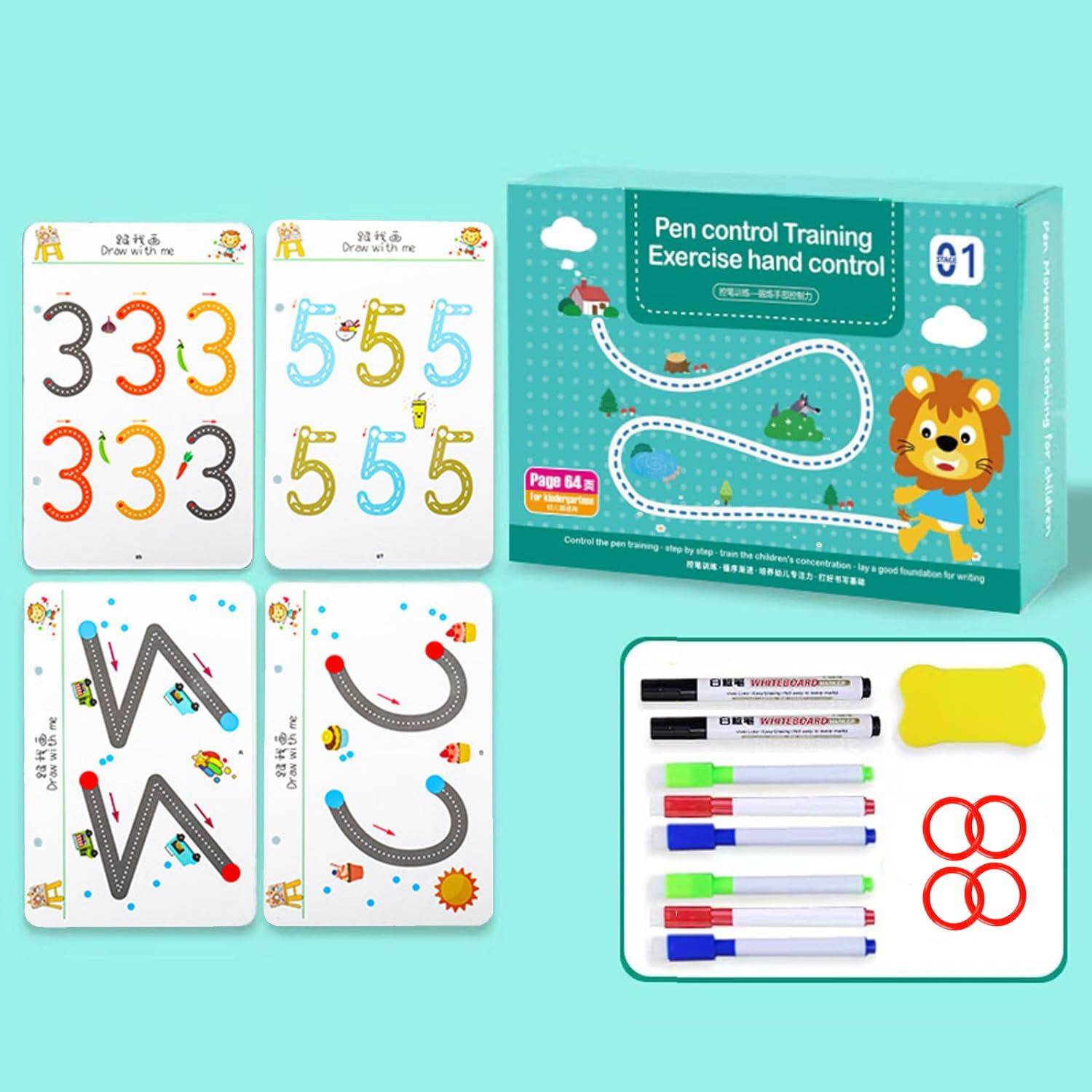 64 Pages Magical Tracing Workbook Set – Alphabet & Number Handwriting Pen Control Training Book For Kids (Spiral, Reusable Pen Control Workbook)