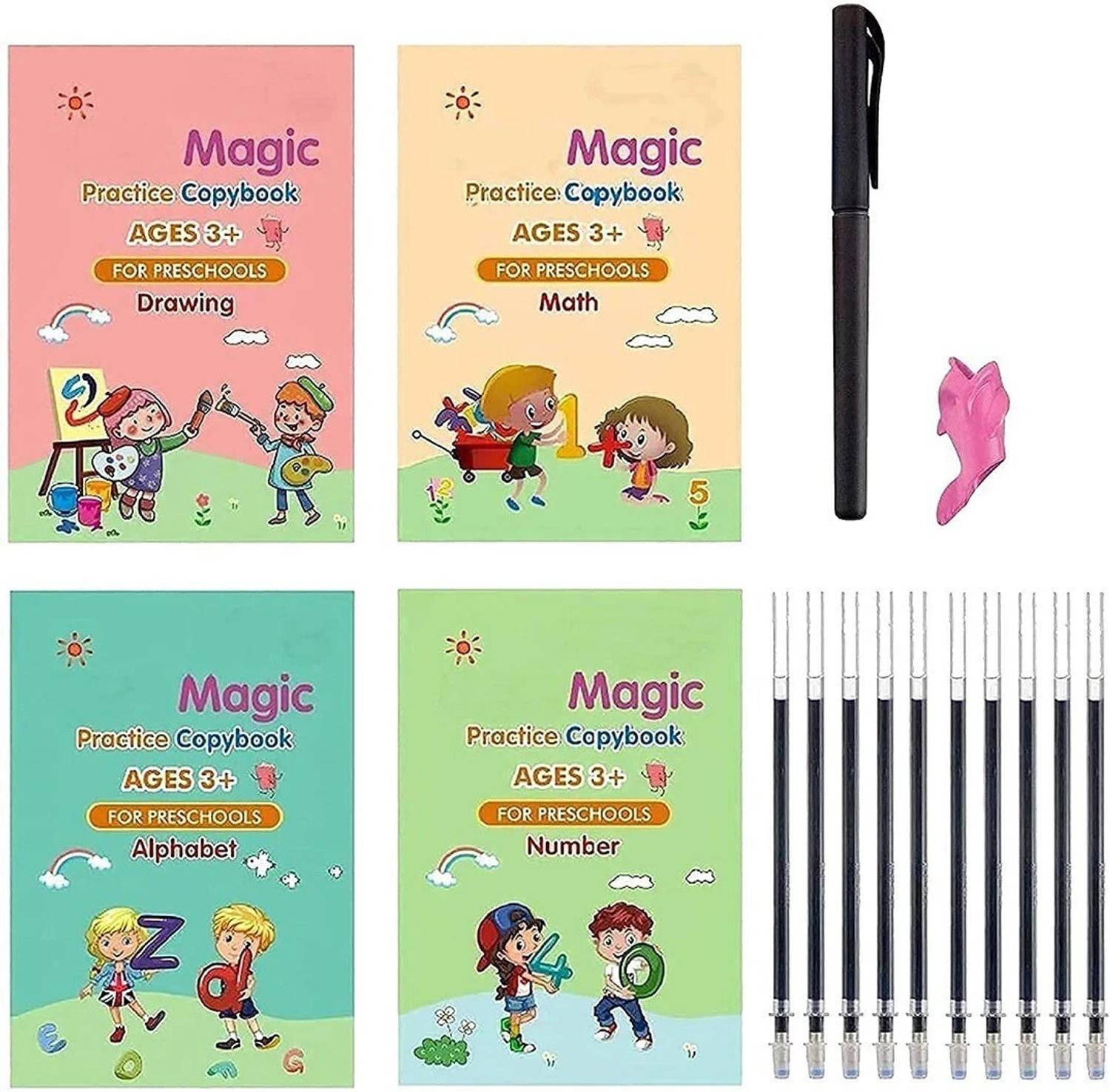 4 Pcs Magic Practice Copybook & 10 Refill For Kids Handwriting English Reusable Magical Tracing Book Letter Writing Set