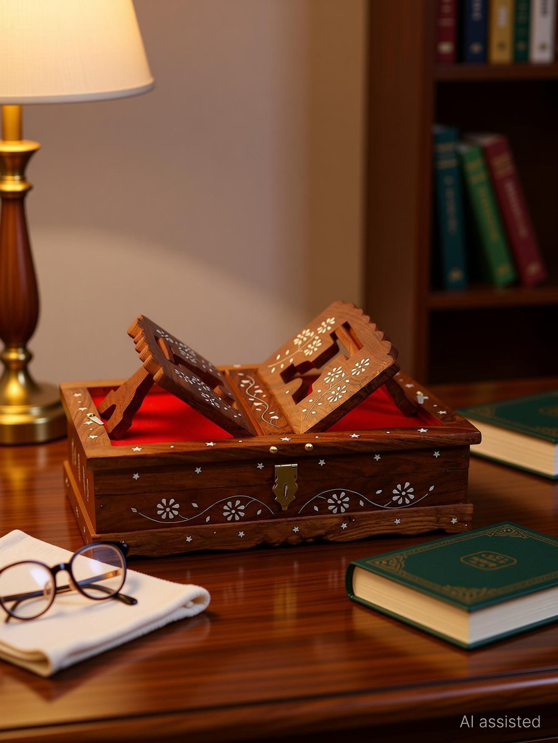 Image of Sankalan Creation Wooden Quran Box Holy Stand for Quran Ramayan Bible Gita Guru Granth Sahib Wooden Brown Rehal