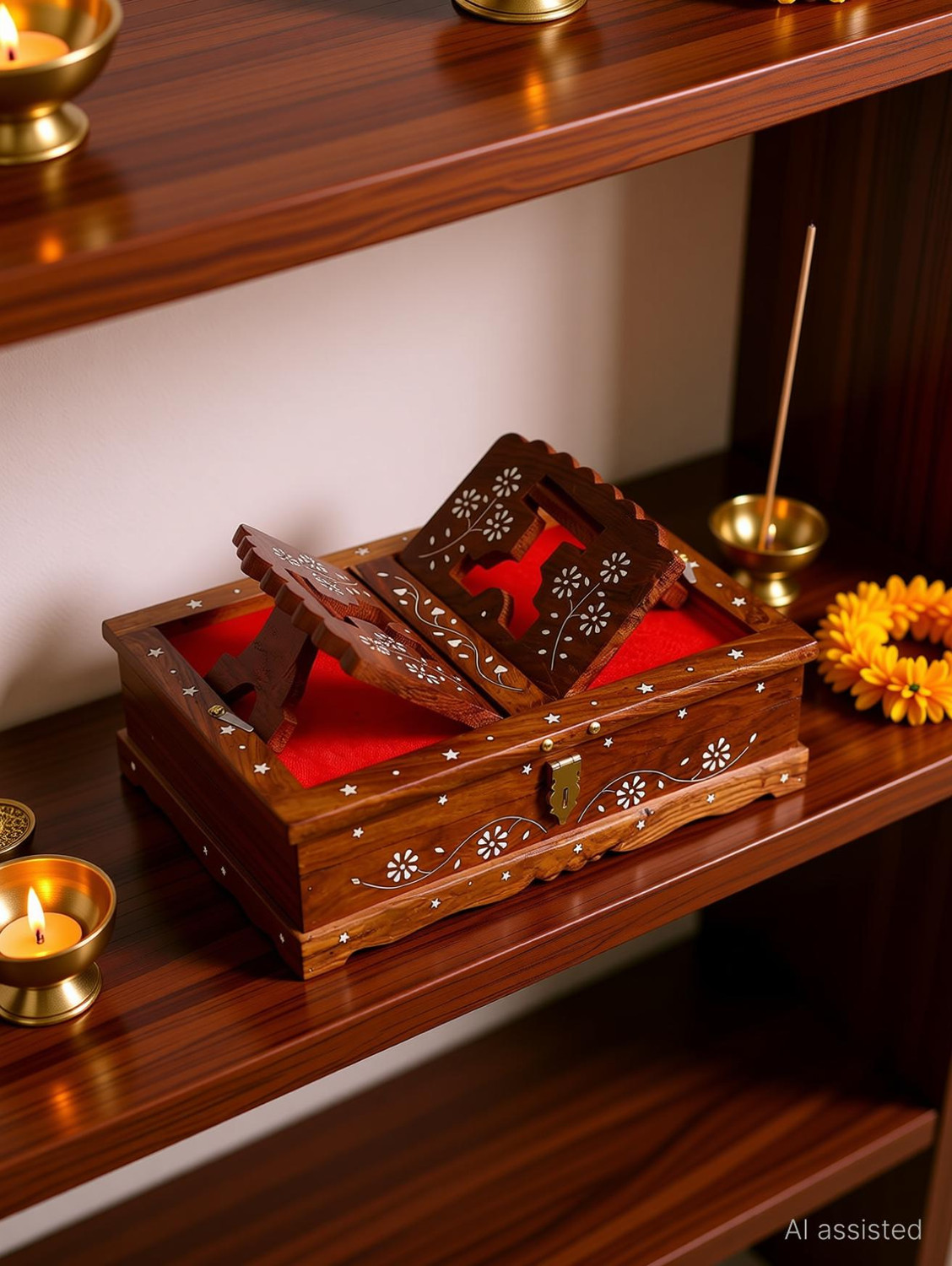 Image of Sankalan Creation Wooden Quran Box Holy Stand for Quran Ramayan Bible Gita Guru Granth Sahib Wooden Brown Rehal