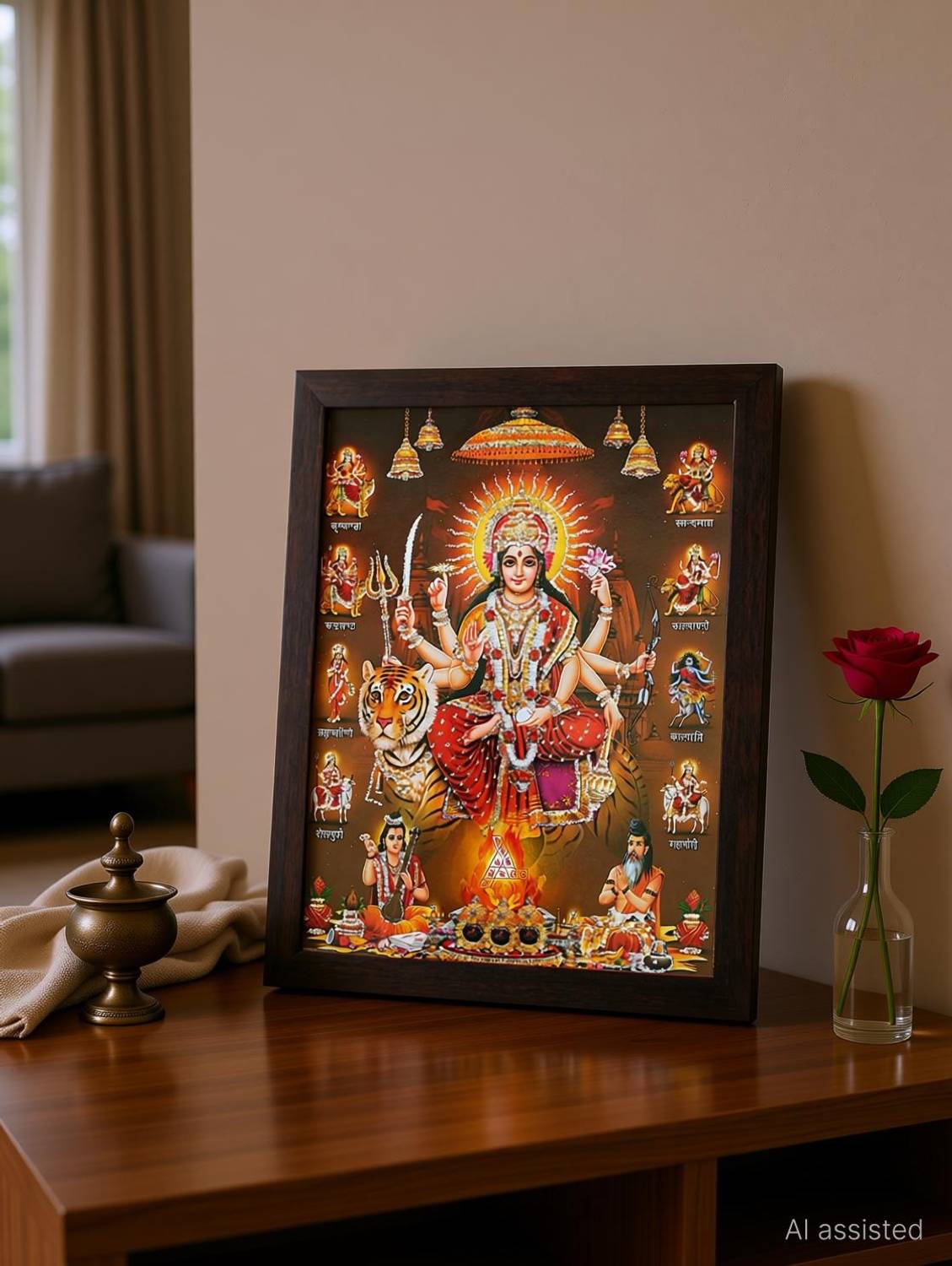 DARVIN DURGA MAA PHOTO FRAME | DURGA MAA PAINTING | DURGA MAA PHOTO FRAME FOR POOJAN | DURGA MAA 9 ROOP PHOTO FRAME FOR NAVRATRI POOJAN Religious Frame