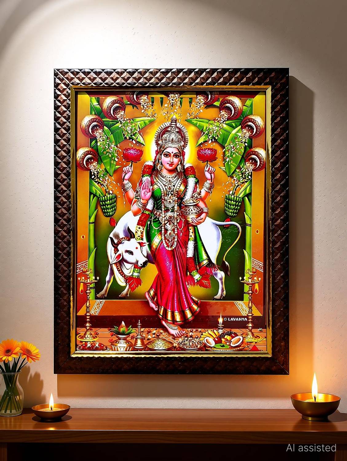 Bhawana Creation LAXMI MATA ON COW Digital Reprint 12 inch x 8 inch Painting