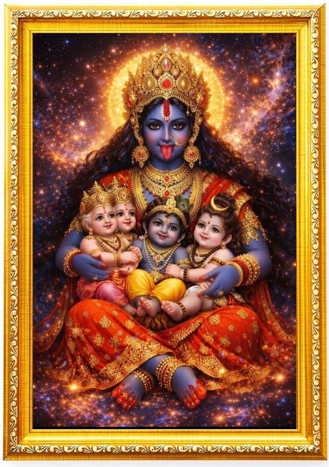 AkritiFrame Mata kali with tridev golden photo frame(A4size) Religious Frame