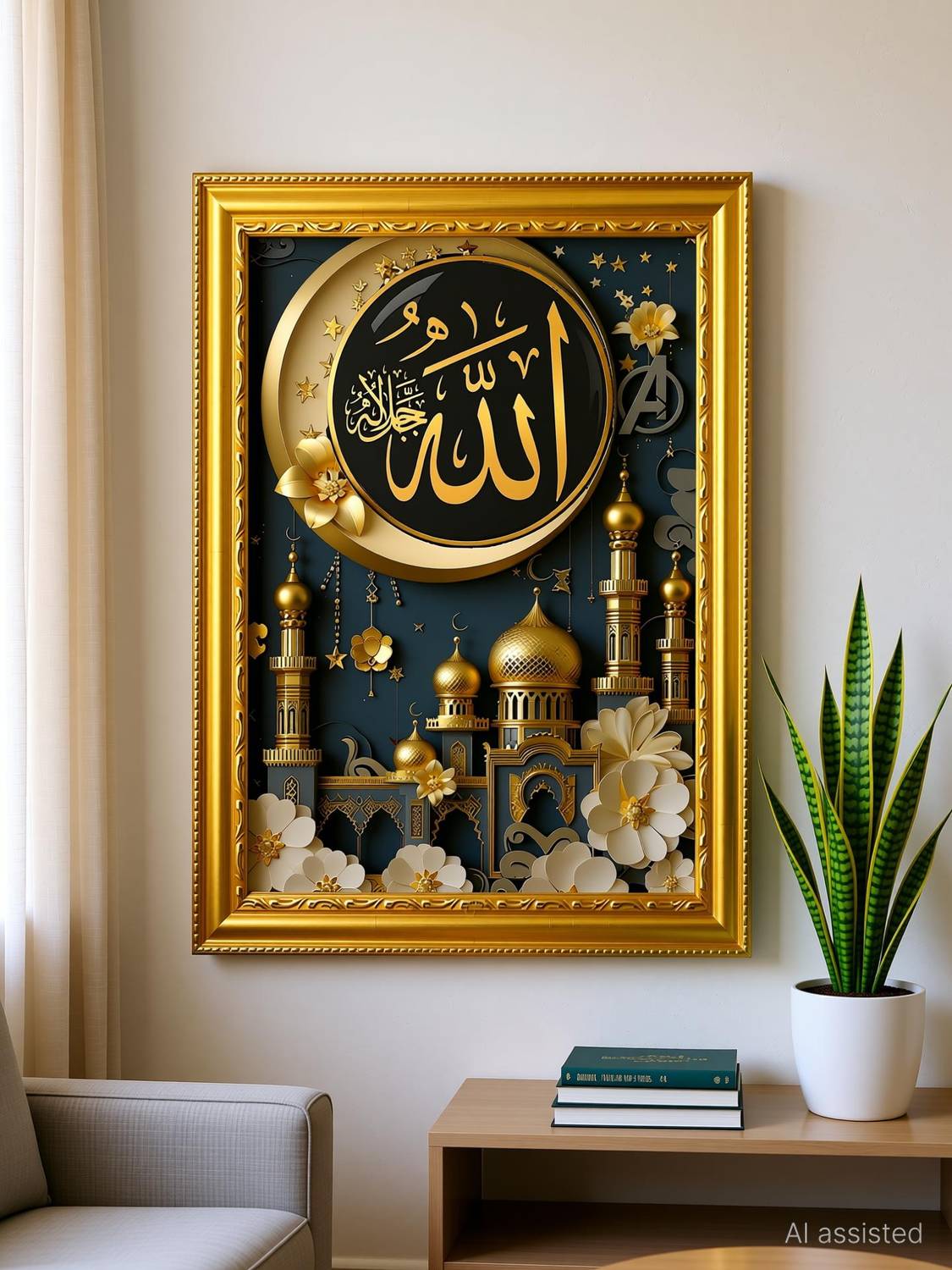 AkritiFrame Allah Calligraphy Golden Islamic Wall golden Photo Frame (A4 size) laminated Religious Frame