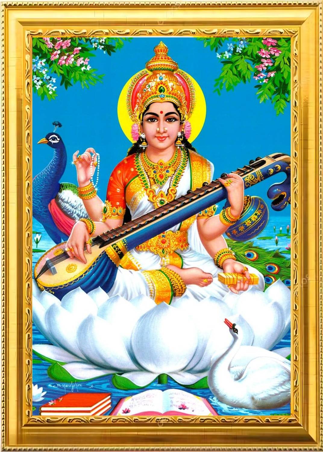 AkritiFrame Maa Saraswati Religious Golden Photo Frame(6x8inch)Laminated Religious Frame