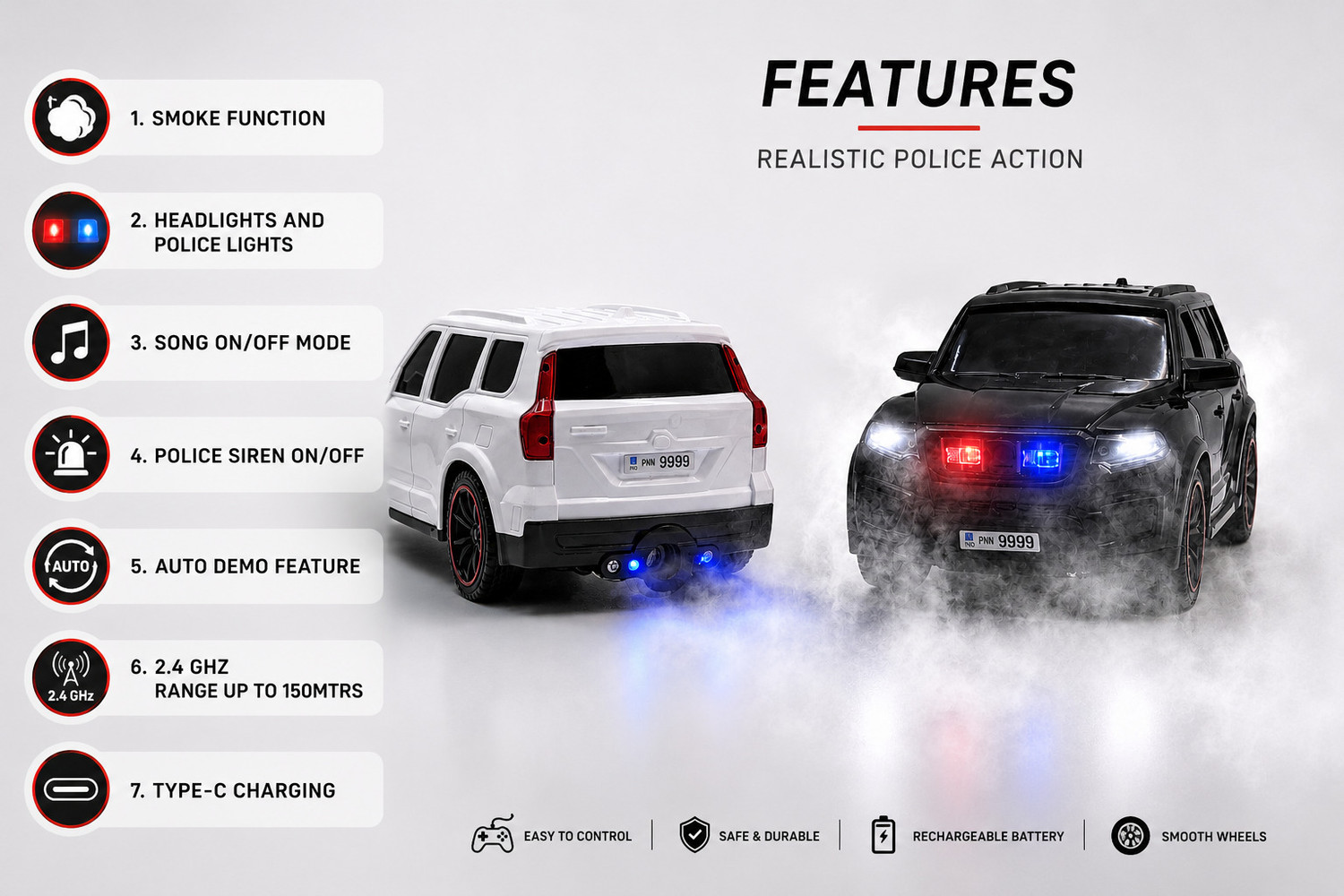 Image of Pick N Nick Toys Scorpio N R /C SUV Car Toy 1:18 with Smoke, Police Lights, Siren, Music On /Off