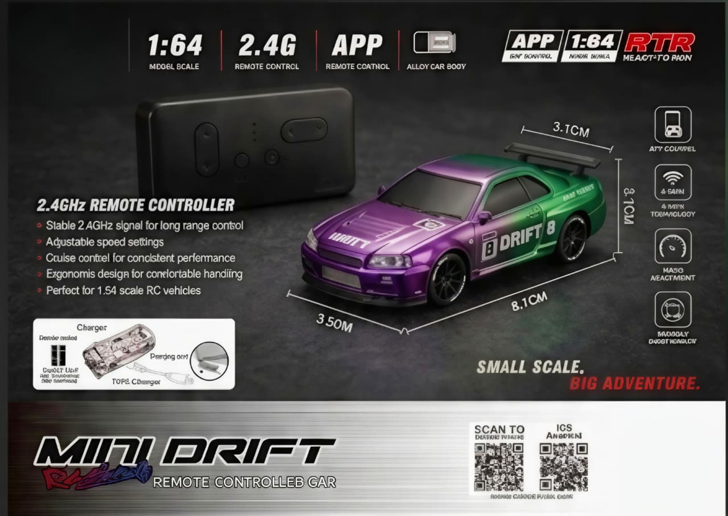 Image of ZHASK All New 1:64 Scale Alloy Mini R /C GT R {R34} Racing Drift Car