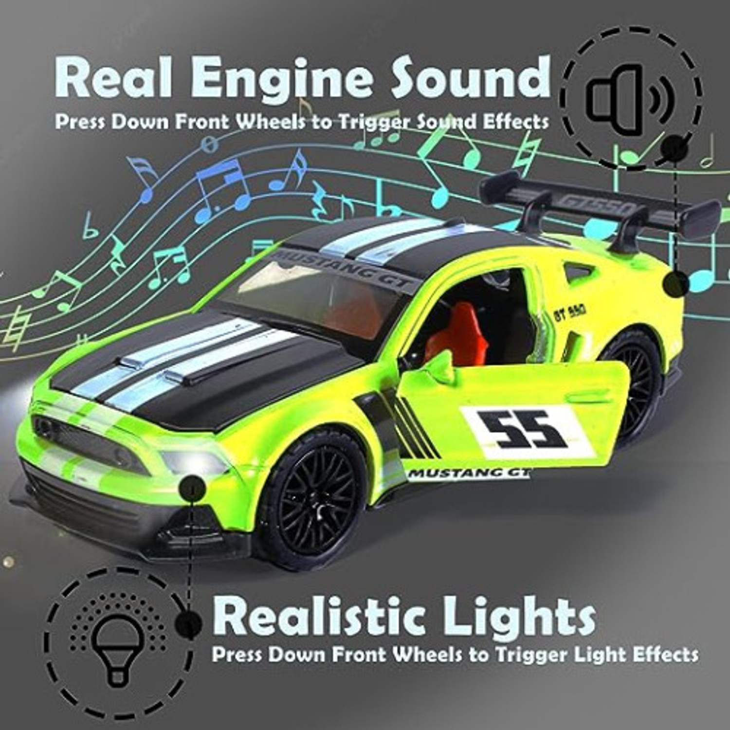 Image of Storex Mustang GT Die Cast Car Metal Sports Car with Push Back Doors - Lights and Sound