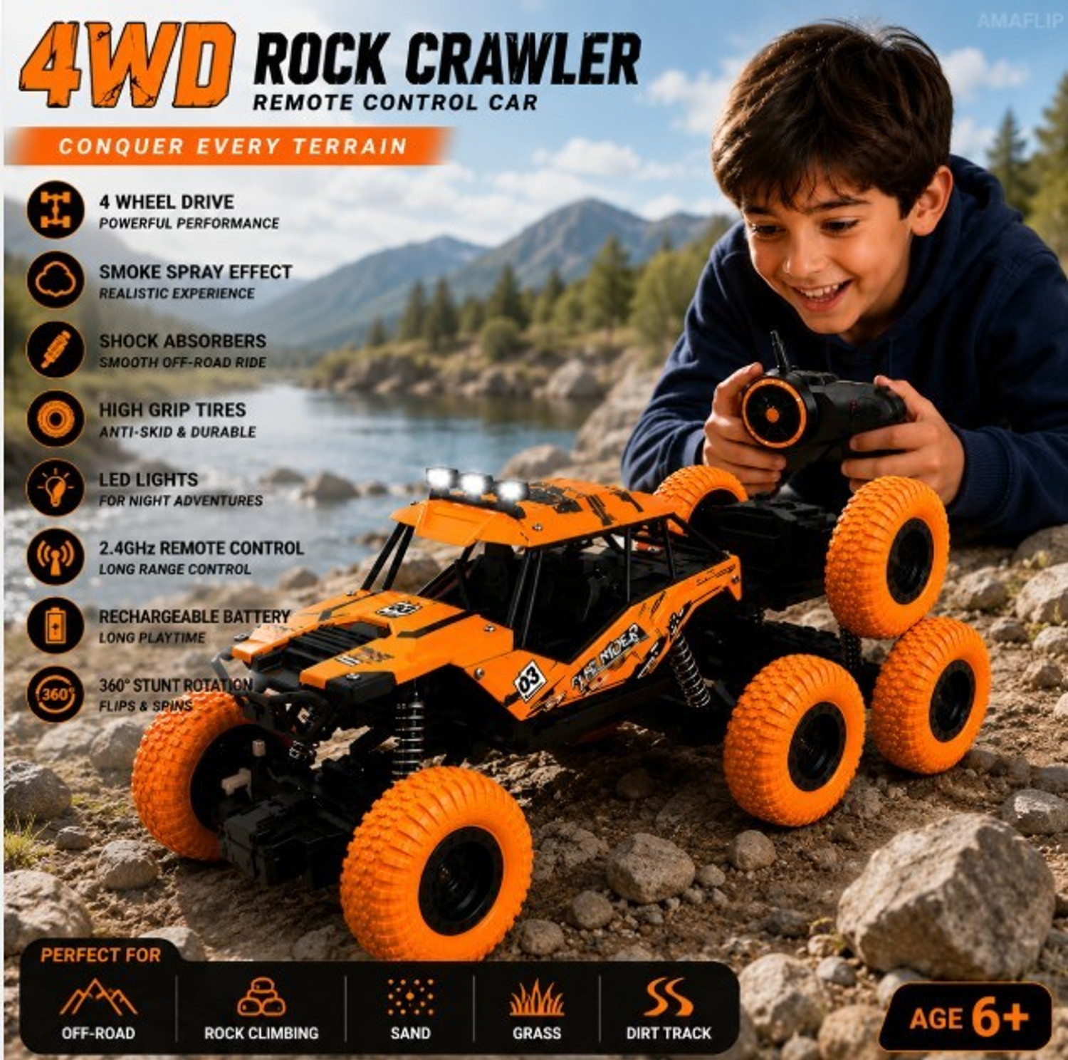 Image of Pepstter 6x6 Off Road RC Rock Crawler Car with Remote, Rechargeable Battery, Big Wheel