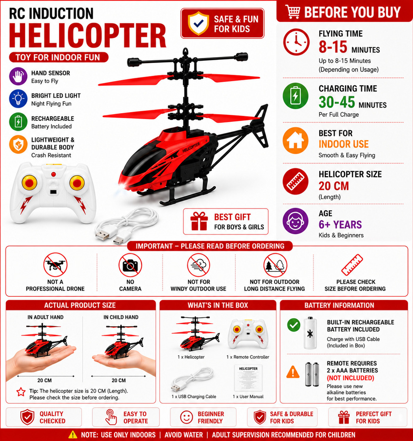 Image of Paras Nath Enterprises Rechargeable RC Helicopter Red for Kids