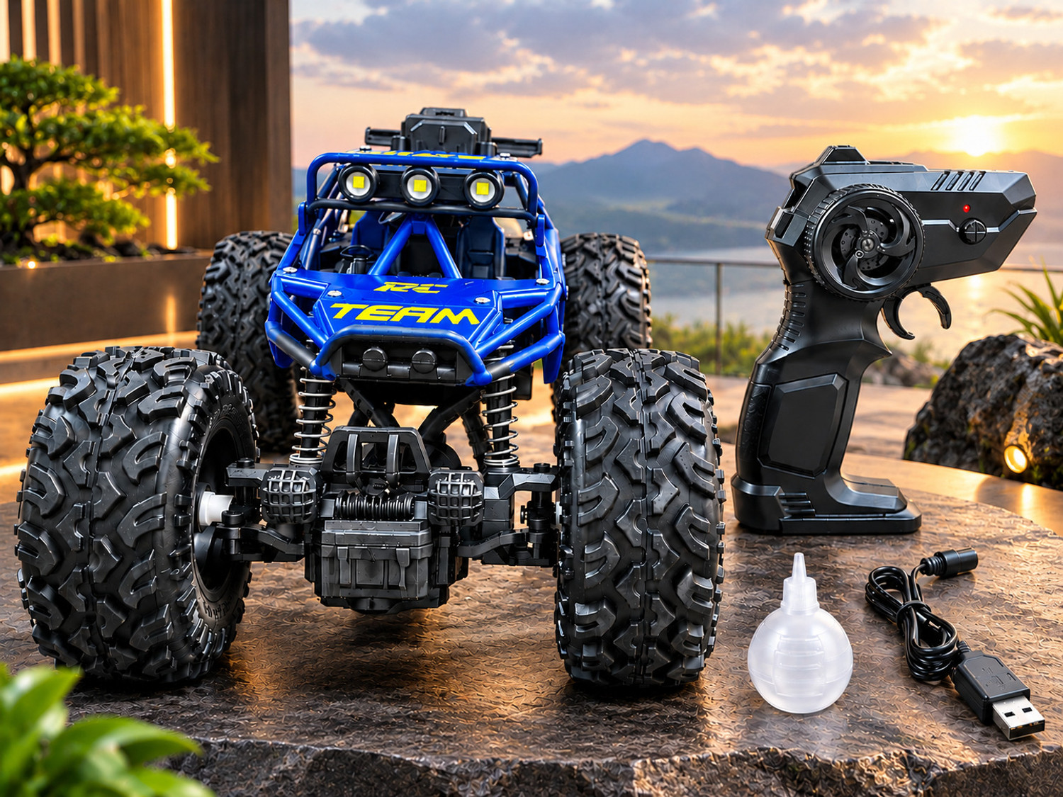 Image of MY WONDERBOX Rock Crawler Rechargeable RC Car 4X4 Off-Road Monster Truck for Kids with Smoke (Blue)