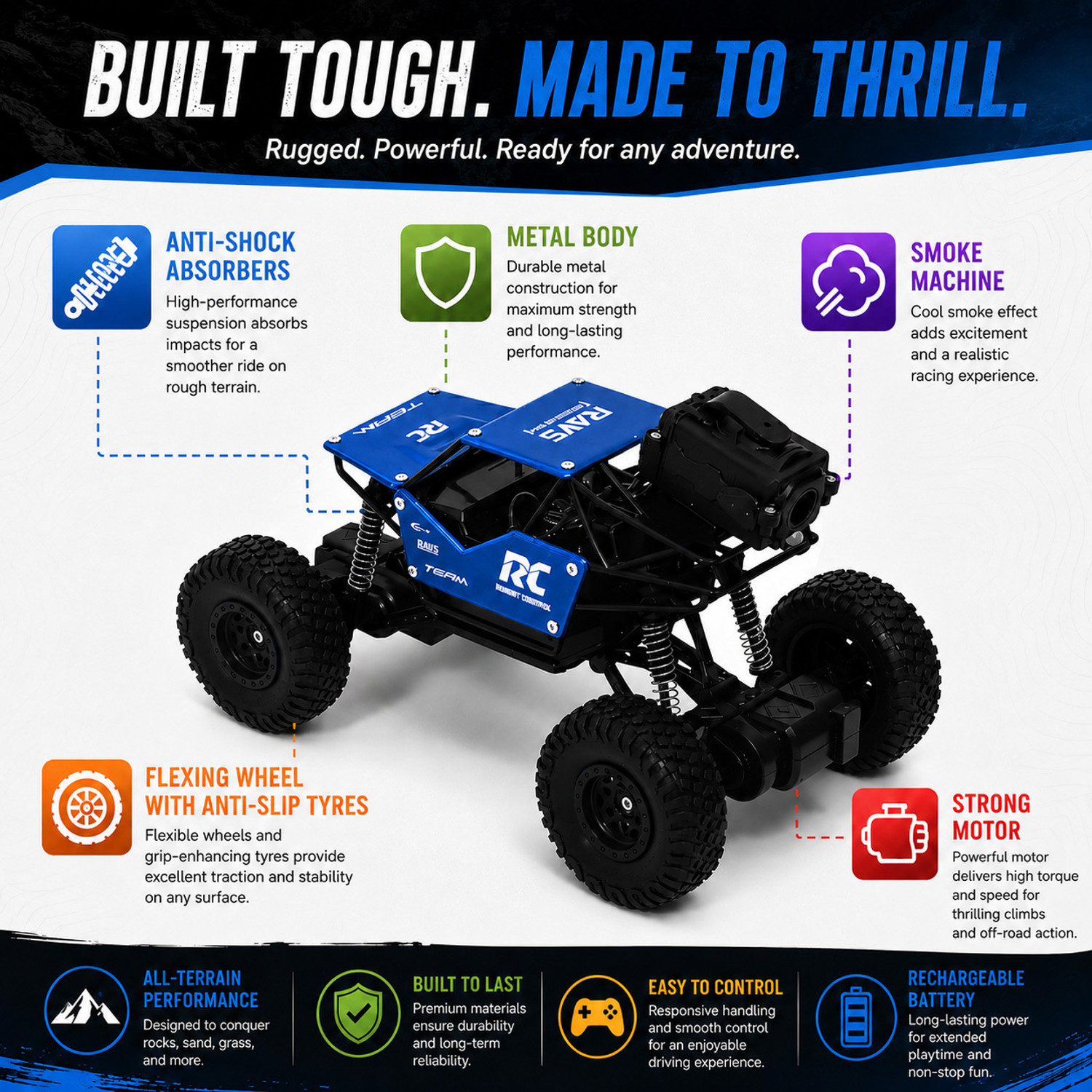 Image of LITTLE RIDES Rock Crawler 1:16 Offroad Monster RC Car with Smoke Function