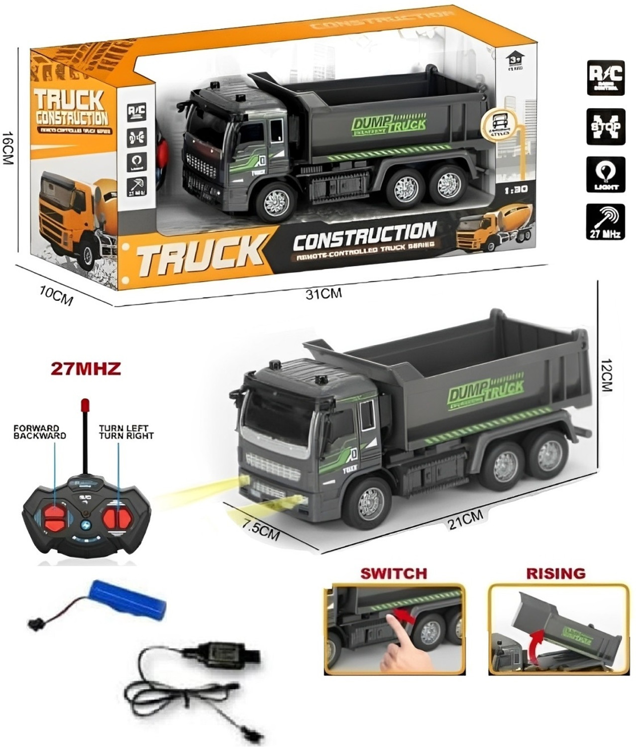 Image of IndusBay Rechargeable Remote control Dumper Truck Toy with Working Headlight
