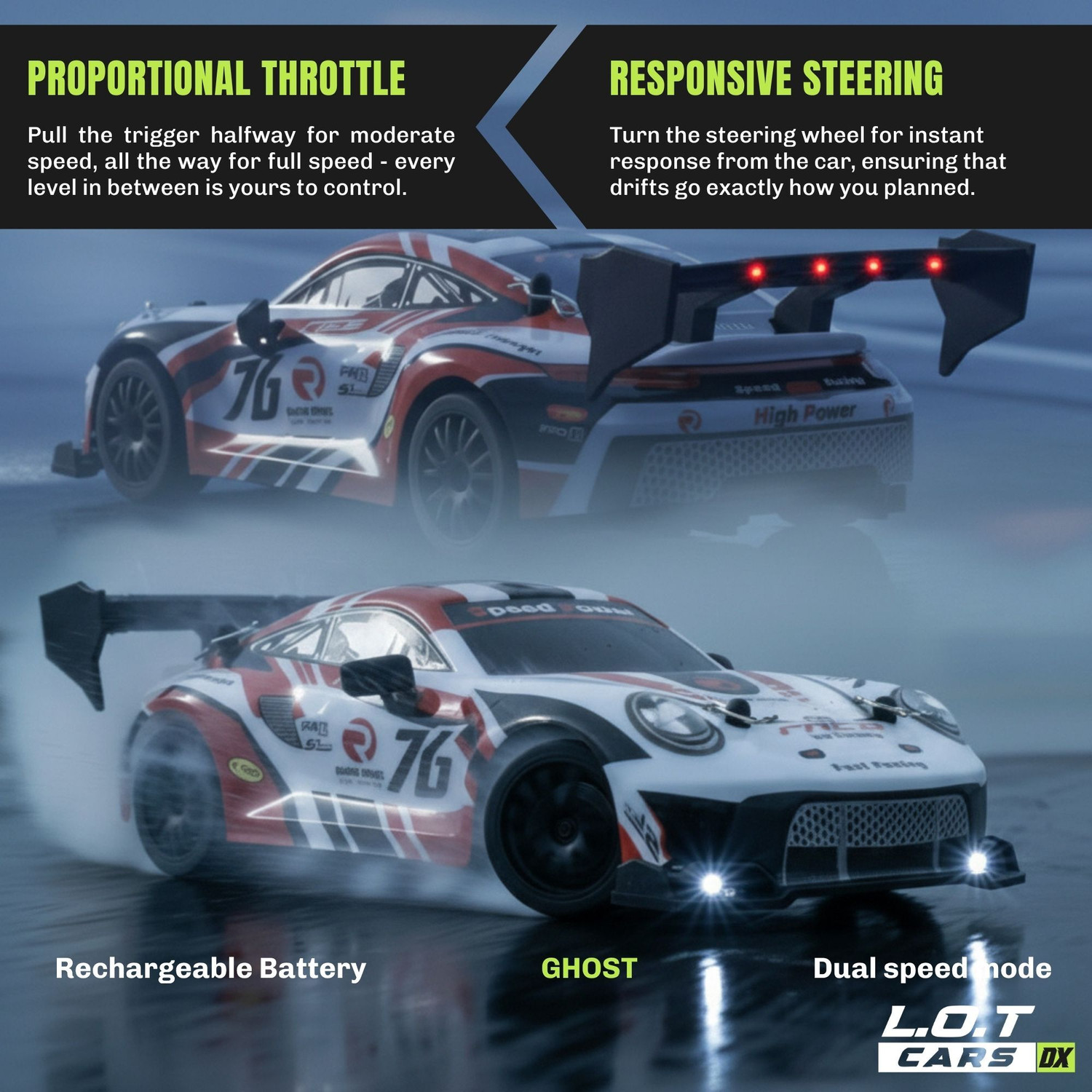 Image of L.O.T CARS Ghost Remote Control Car, 20Kmph, 2.4Ghz, Rc Drifting Car 4x4, Multi LED Lights