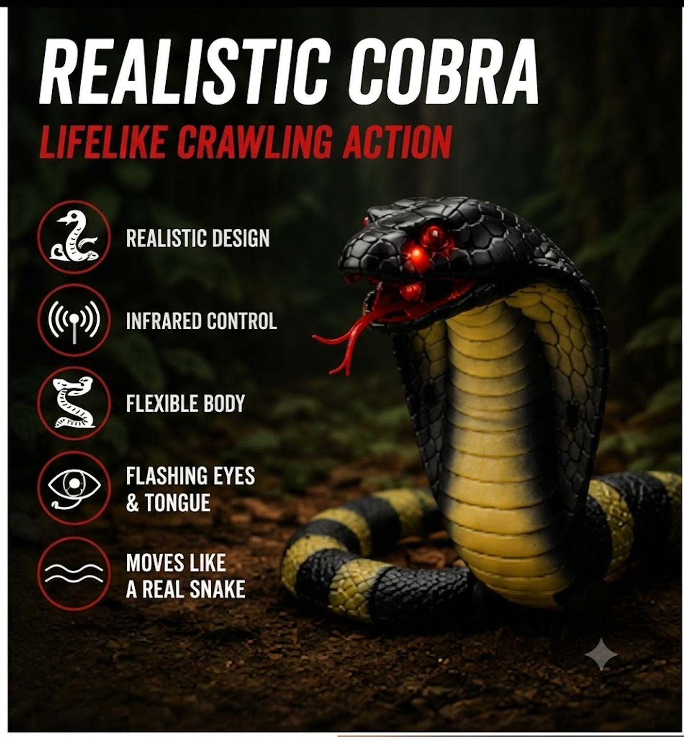 Image of Sainiplayz RC Cobra Snake Toy, Realistic Crawling Movement, Flashing Eyes & Tongue