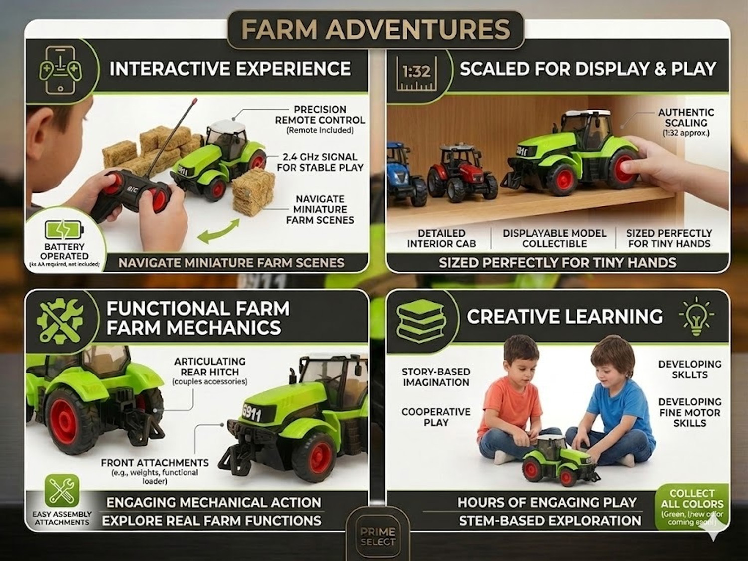 Image of BAIRNINO Premium RC Farm Tractor Toy with Headlights, Opening Front Hook and Rear Hitch