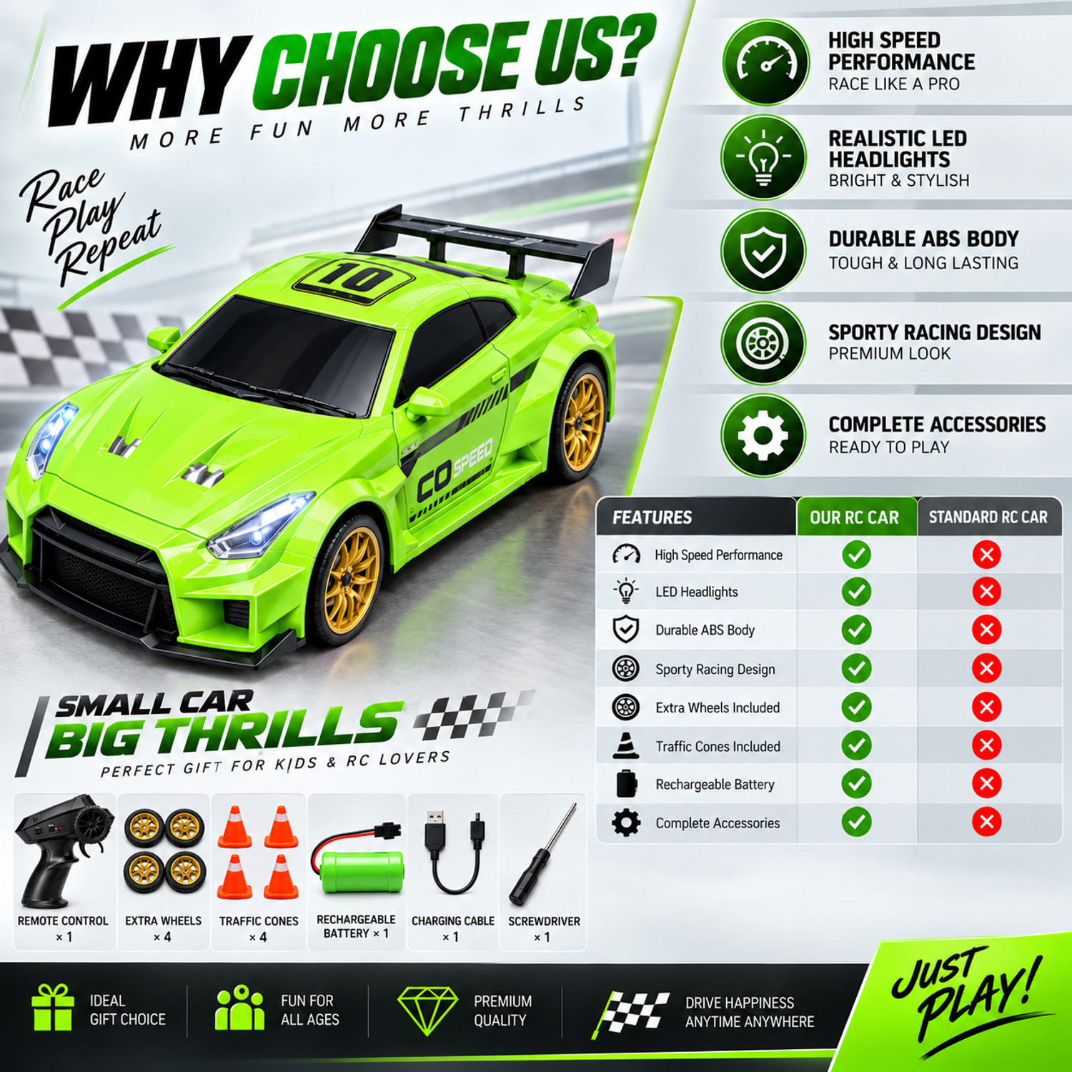 Image of PISCINA RC Drift Car 4WD High-Speed Remote Control Car with LED Lights (Green)