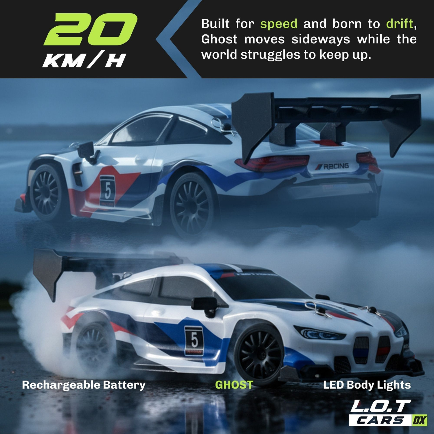 Image of L.O.T CARS Ghost Remote Control Car, 20Kmph, 2.4Ghz, Rc Drifting Car 4x4, Multi LED Lights