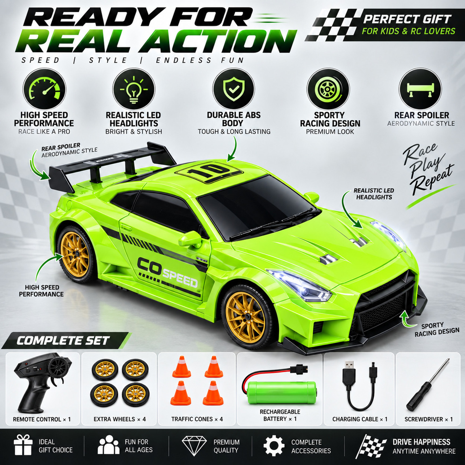 Image of PISCINA RC Drift Car 4WD High-Speed Remote Control Car with LED Lights (Green)