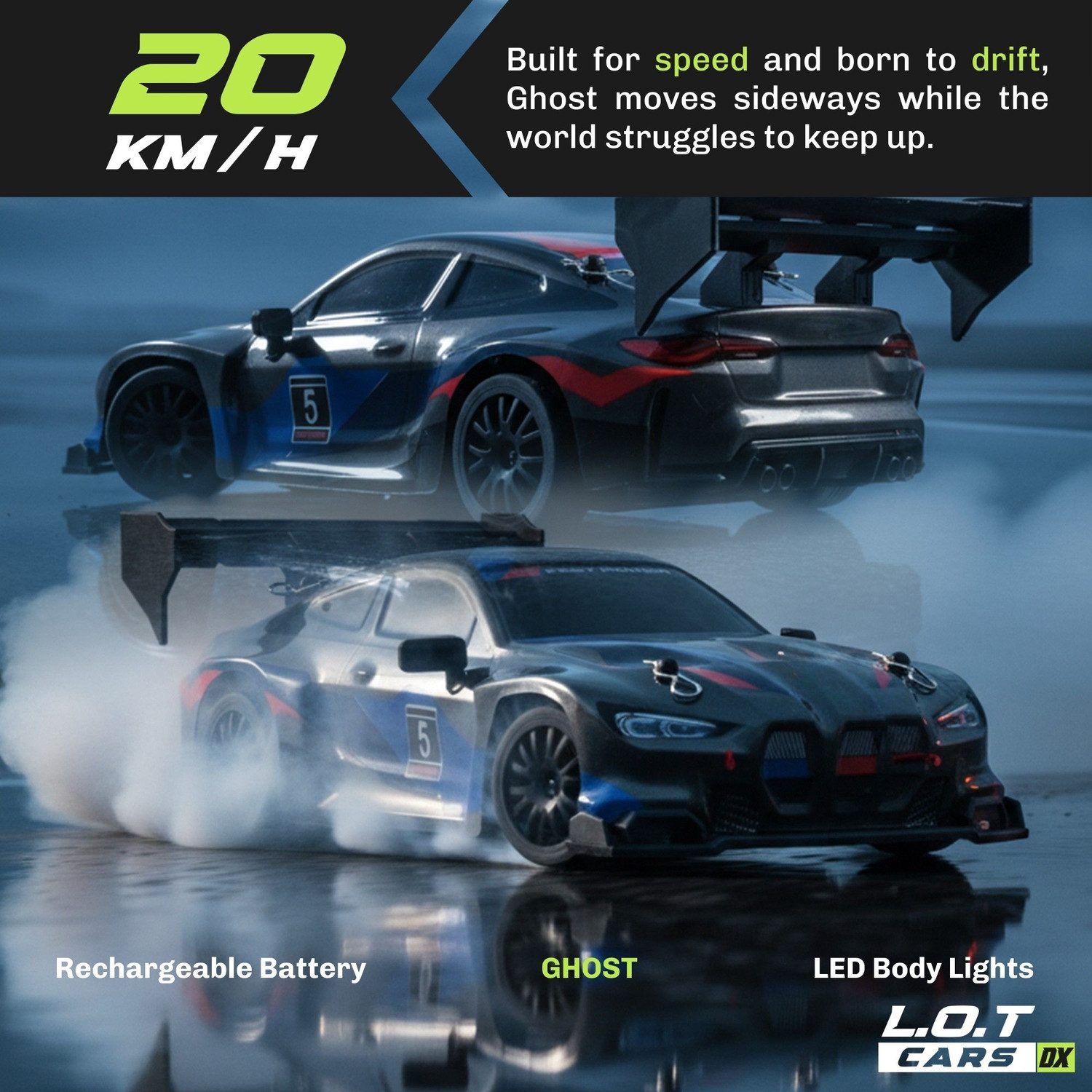 Image of L.O.T CARS Ghost Remote Control Car, 20Kmph, 2.4Ghz, Rc Drifting Car 4x4, Multi LED Lights