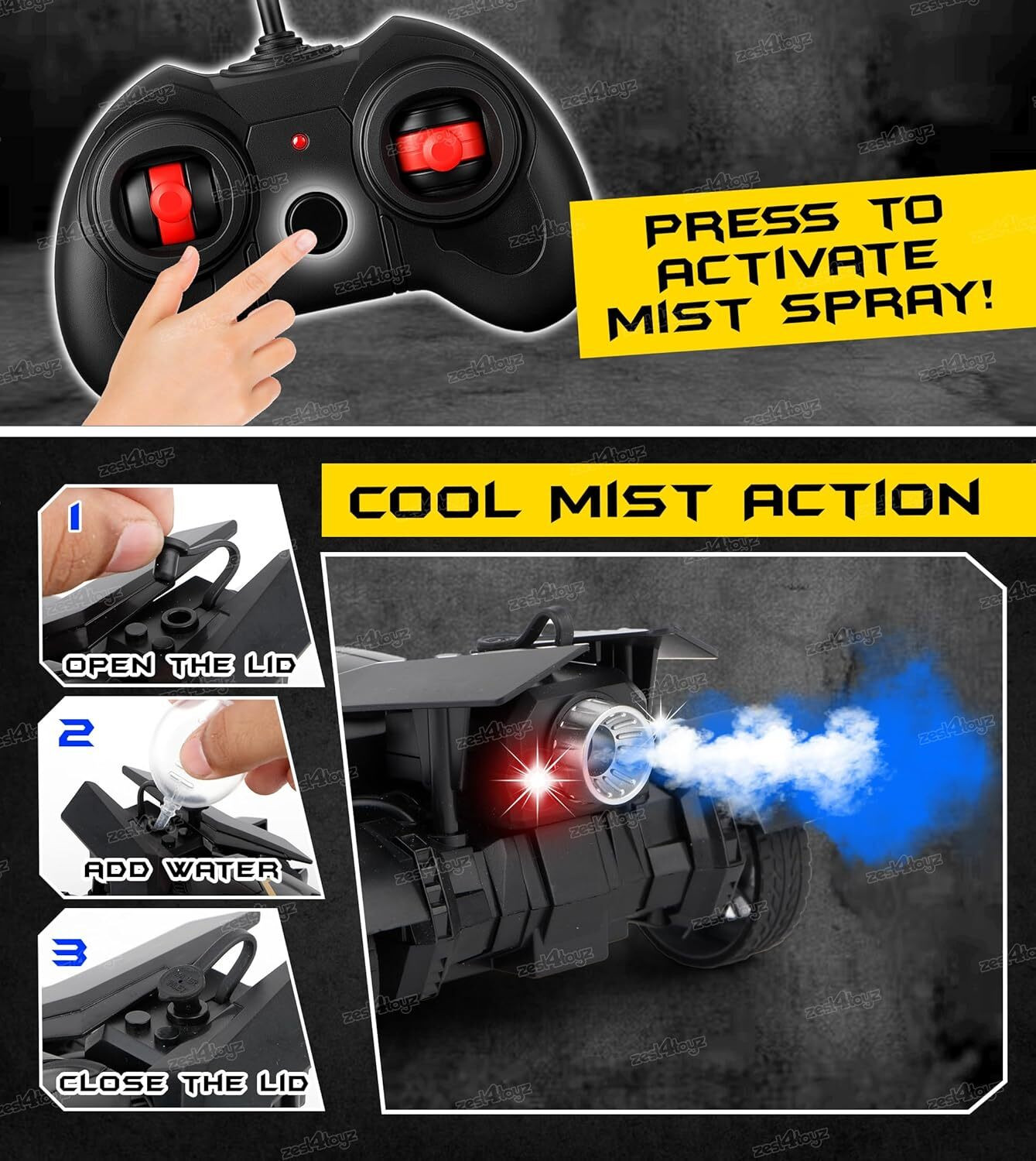 Image of MY KAFERS Remote Control Vehicle for Kids,Rechargeable Battery,Water Spray & Action Figure
