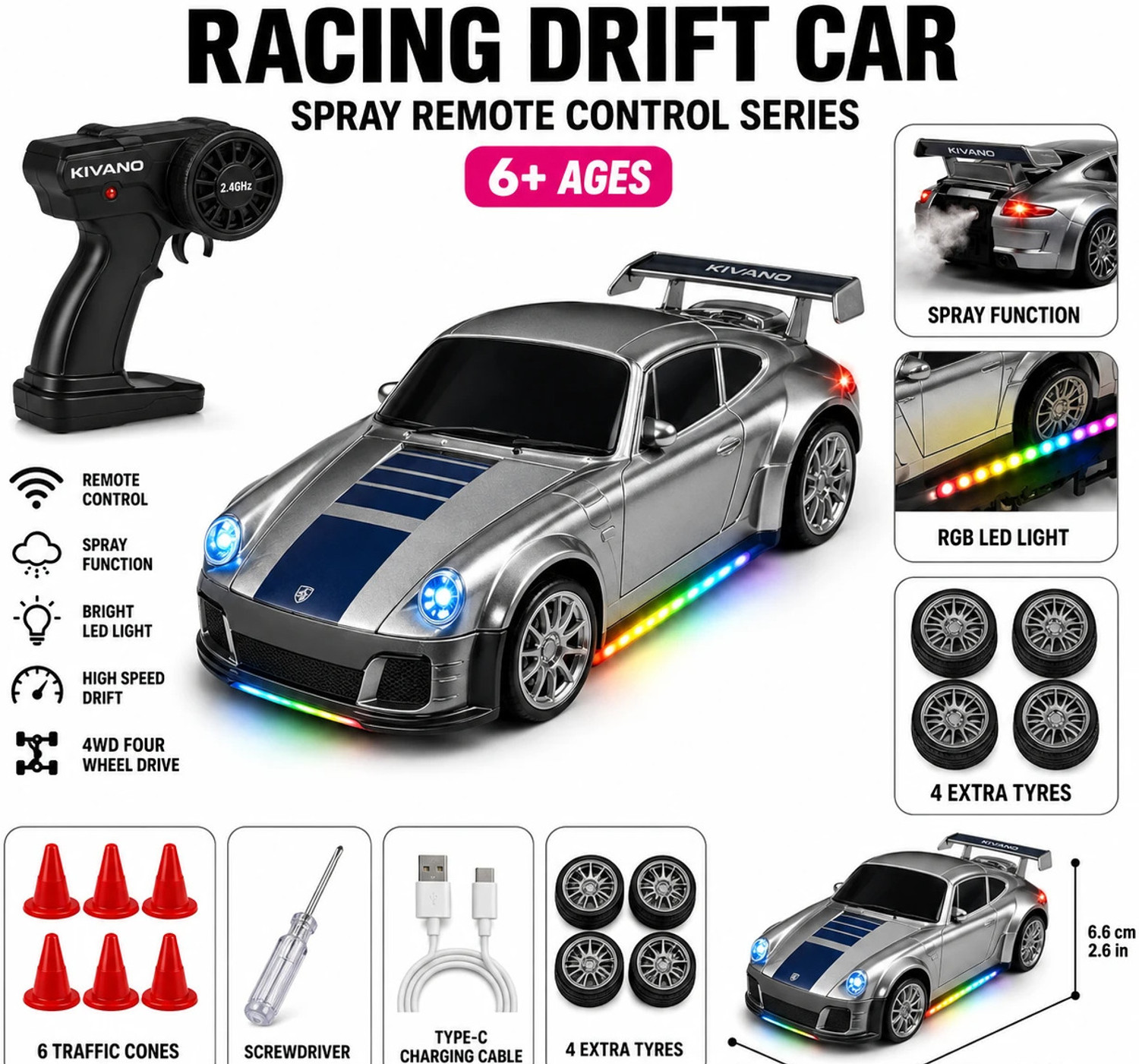 Image of happie cart RC Drift Racing Car for Kids - 2.4GHz Remote Control 4WD Car with LED Lights