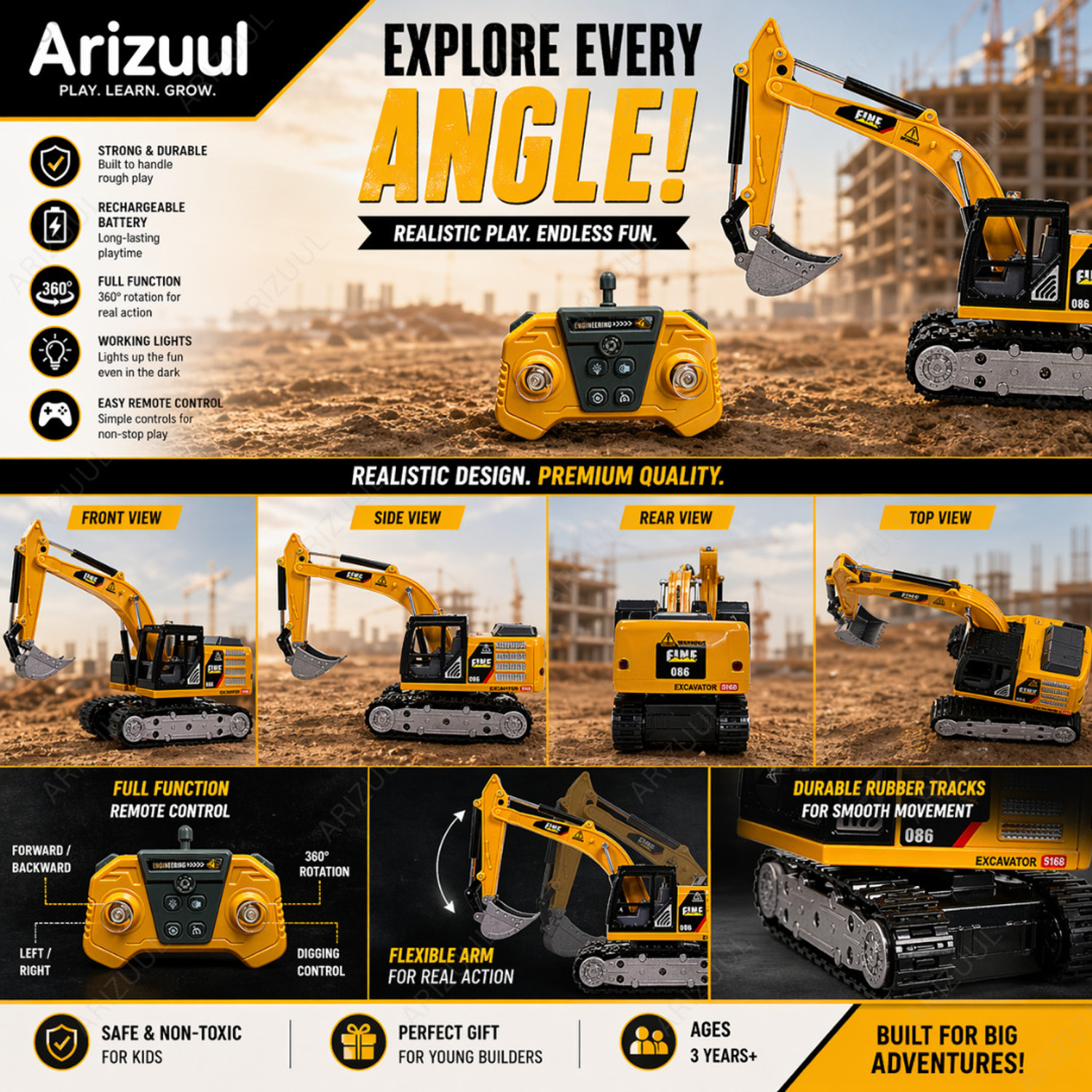 Image of Arizuul 1:64 RC Excavator - Alloy Construction Truck Remote Control Toy for Kids