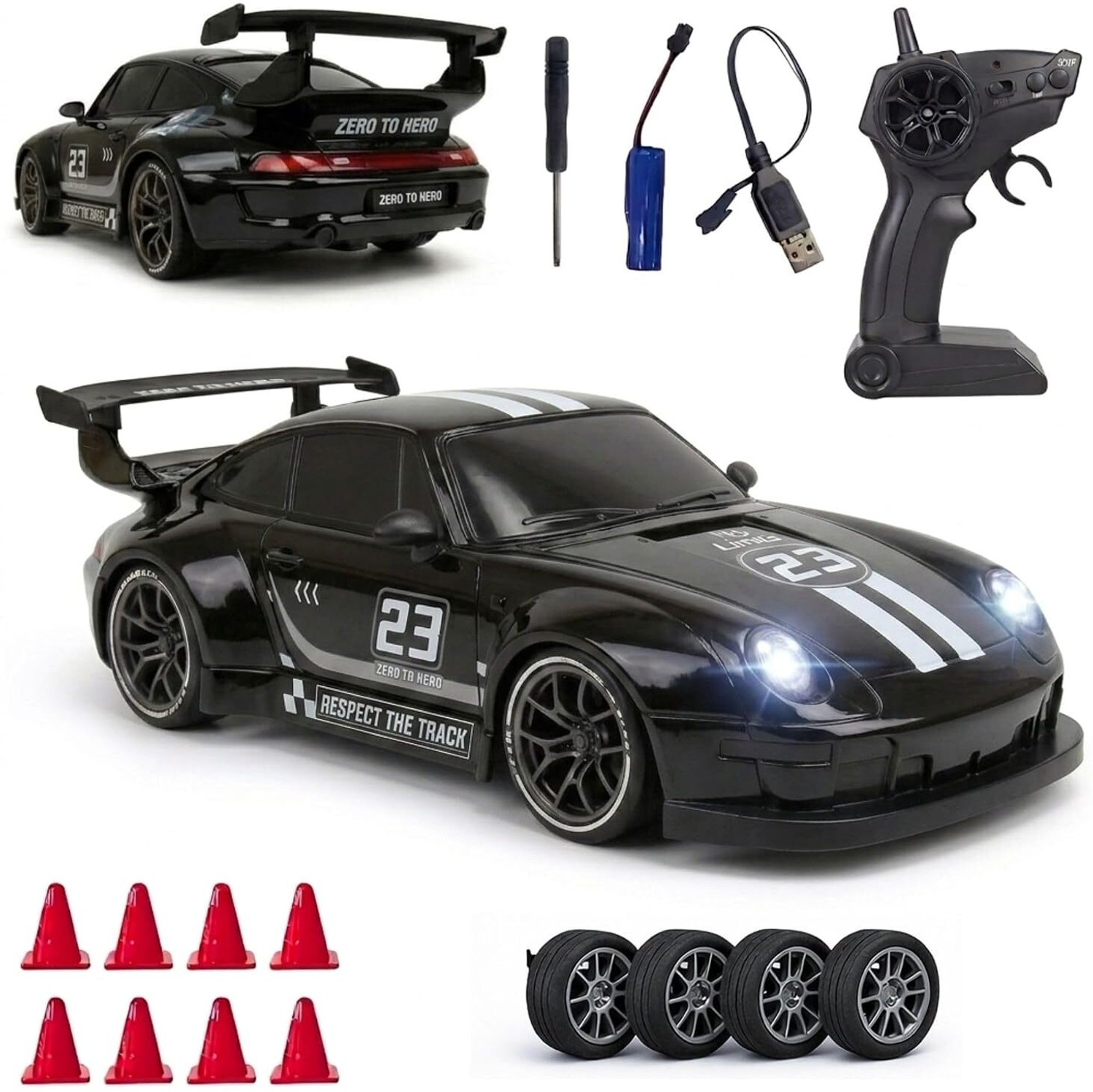 Image of TinyGiggle Porsche RC Drift Car 1:24 Scale 4WD With Flame