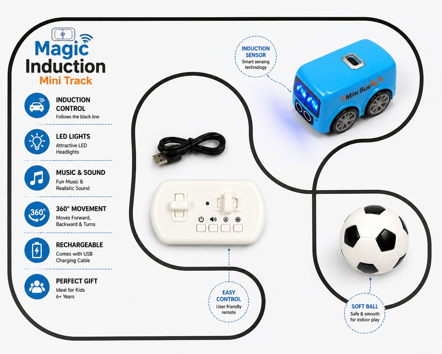 Image of Craveon Magic Mini Bus Smart Induction Toy Car with Remote Control LED Light Bus Toy