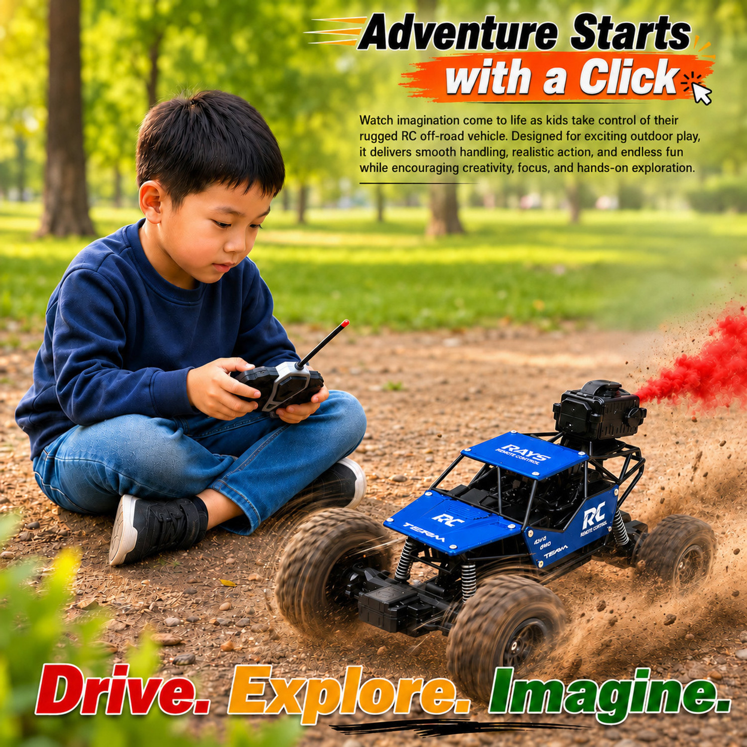 Image of LITTLE RIDES Rock Crawler 1:16 Offroad Monster RC Car with Smoke Function