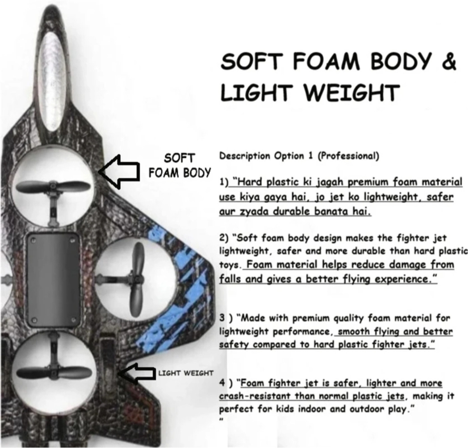Image of vishaltoys RC Fighter Jet - Remote Control Airplane with LED Lights & Stunt (Black)