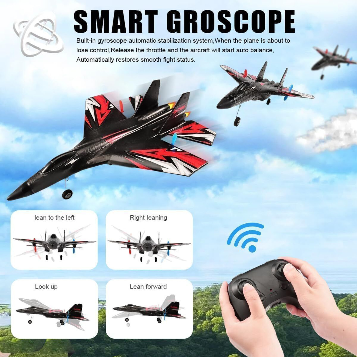 Image of PAPASpace Remote Control Airplane Fighter Jet with LED Lights Stunt Toy for Kids