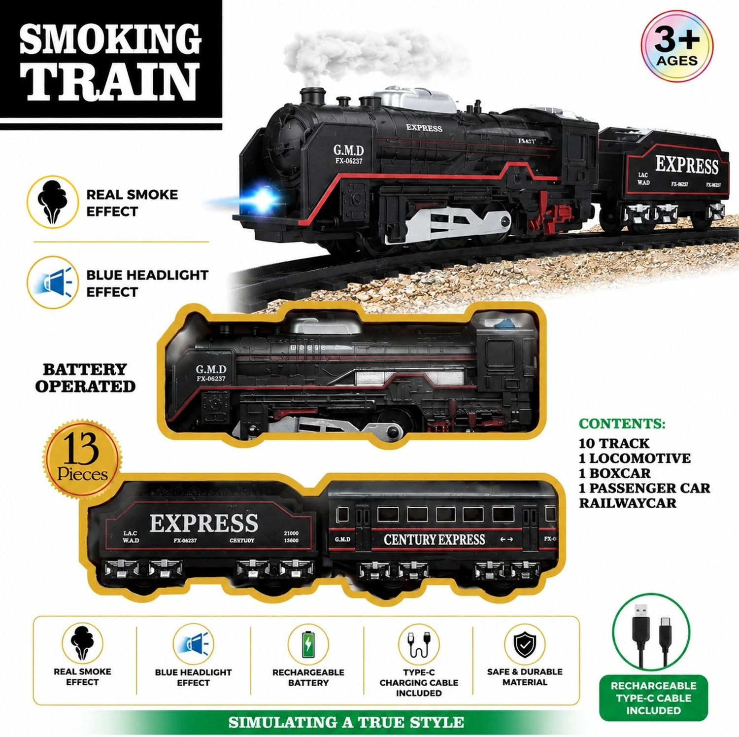 Image of DToys Classic Express Smoke Train Set Toy with Light Sound Track Kids Play Set