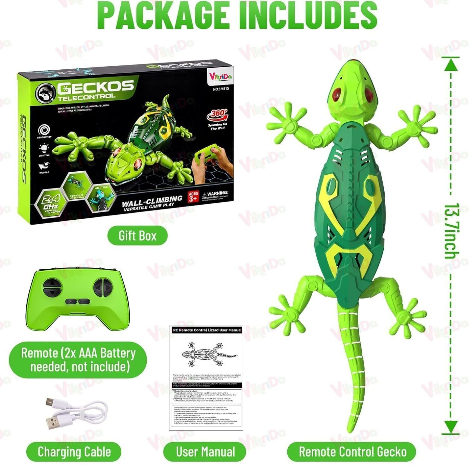 Image of VikriDa Rechargeable RC Robot Lizard 360 Rotation LED Wall Crawler Toy
