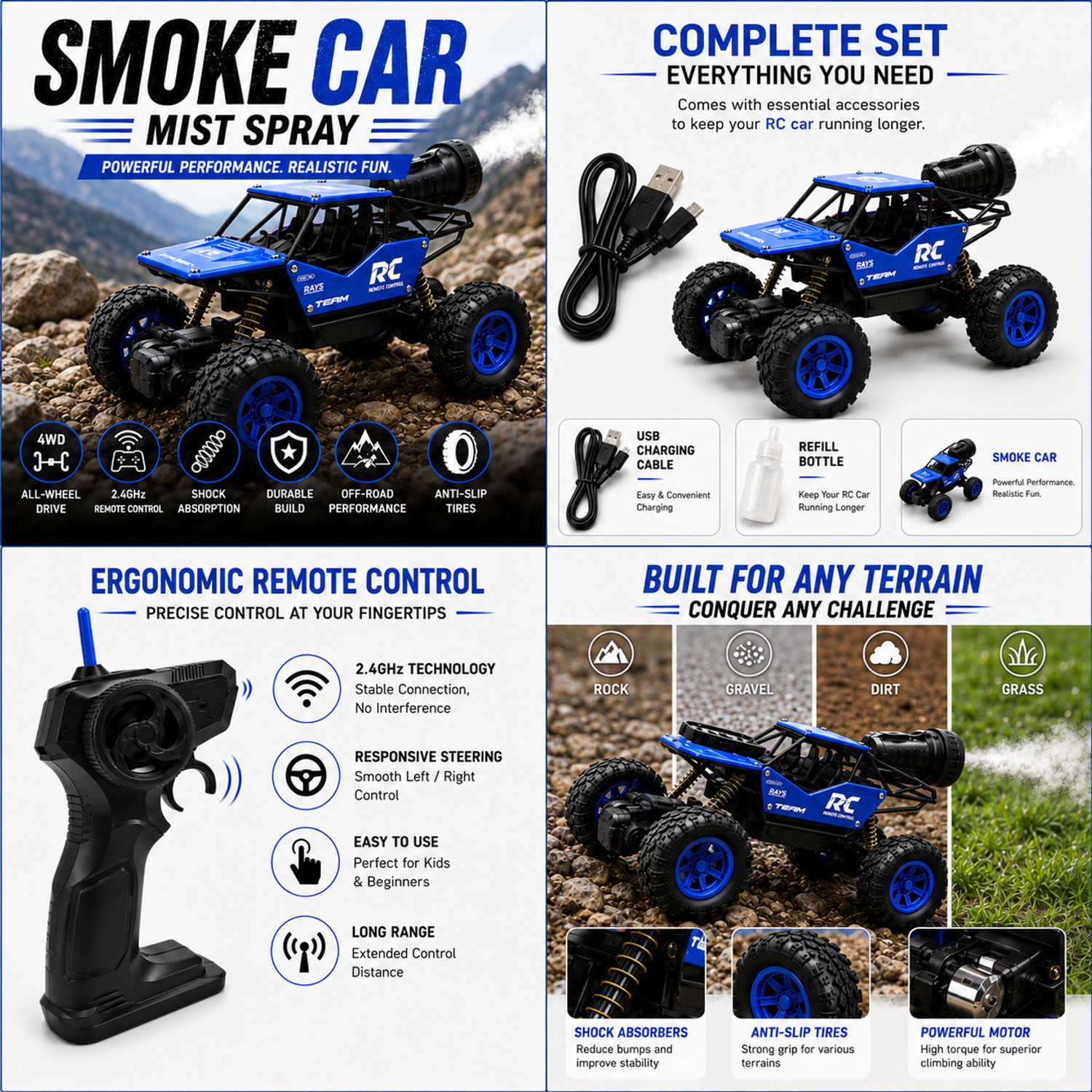 Image of unique zone All-Terrain Rechargeable RC Rock Car with LED Lights & Smoke Function (Red)