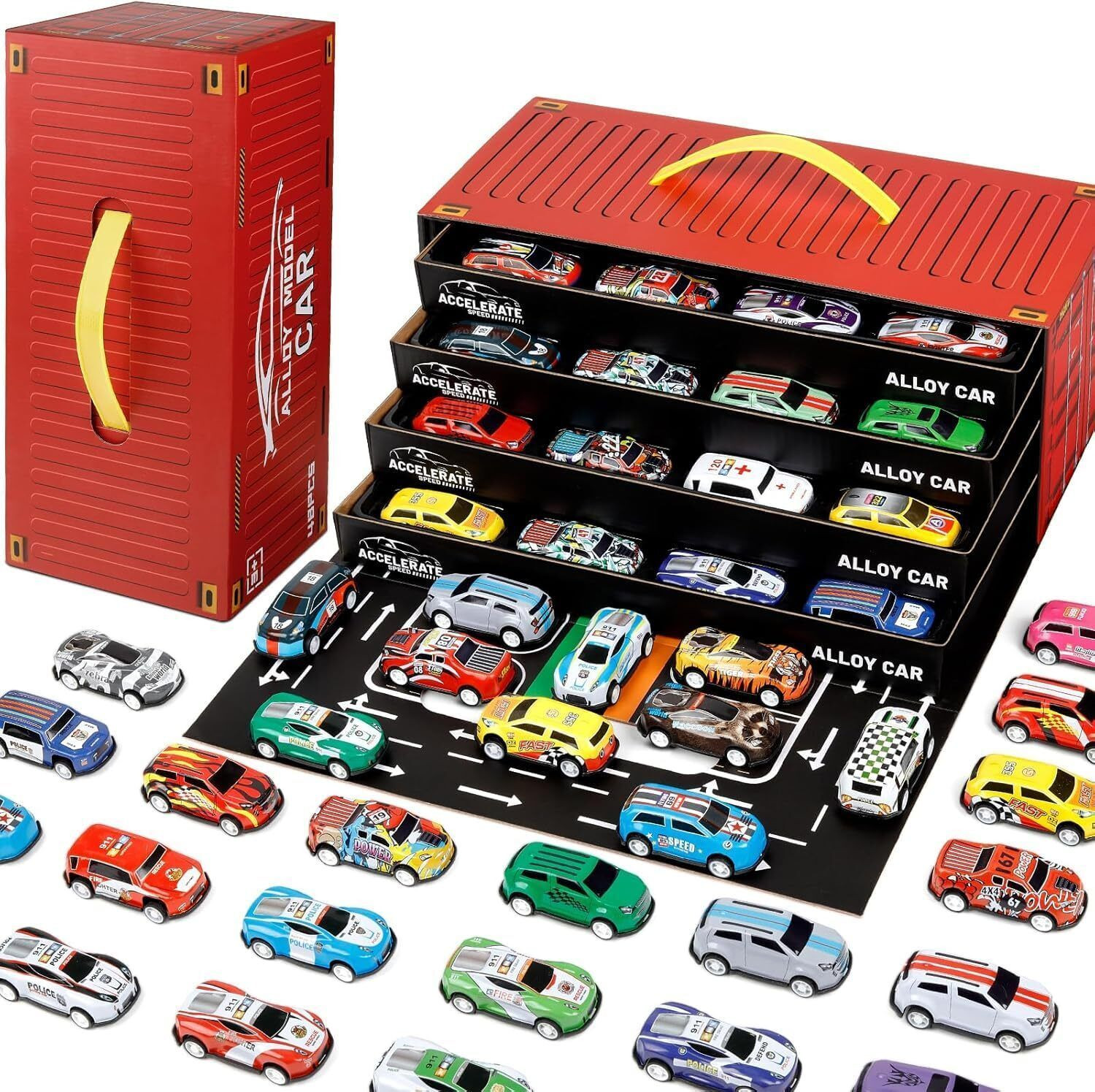 Image of SHOPOGENIX Storage Box 48pc Diecast Toy Car Unisex Racing Collection Pull Back Car set