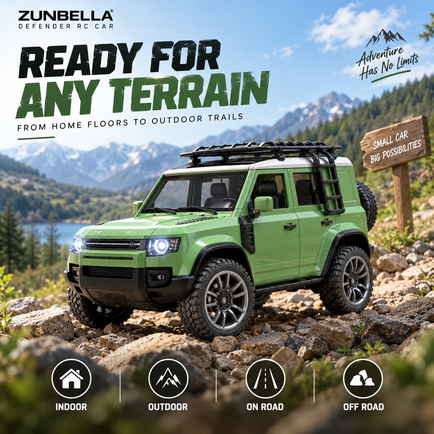 Image of ZUNBELLA Defender Off-Road RC Car with App and Remote Control, LED Lights & Openable Door