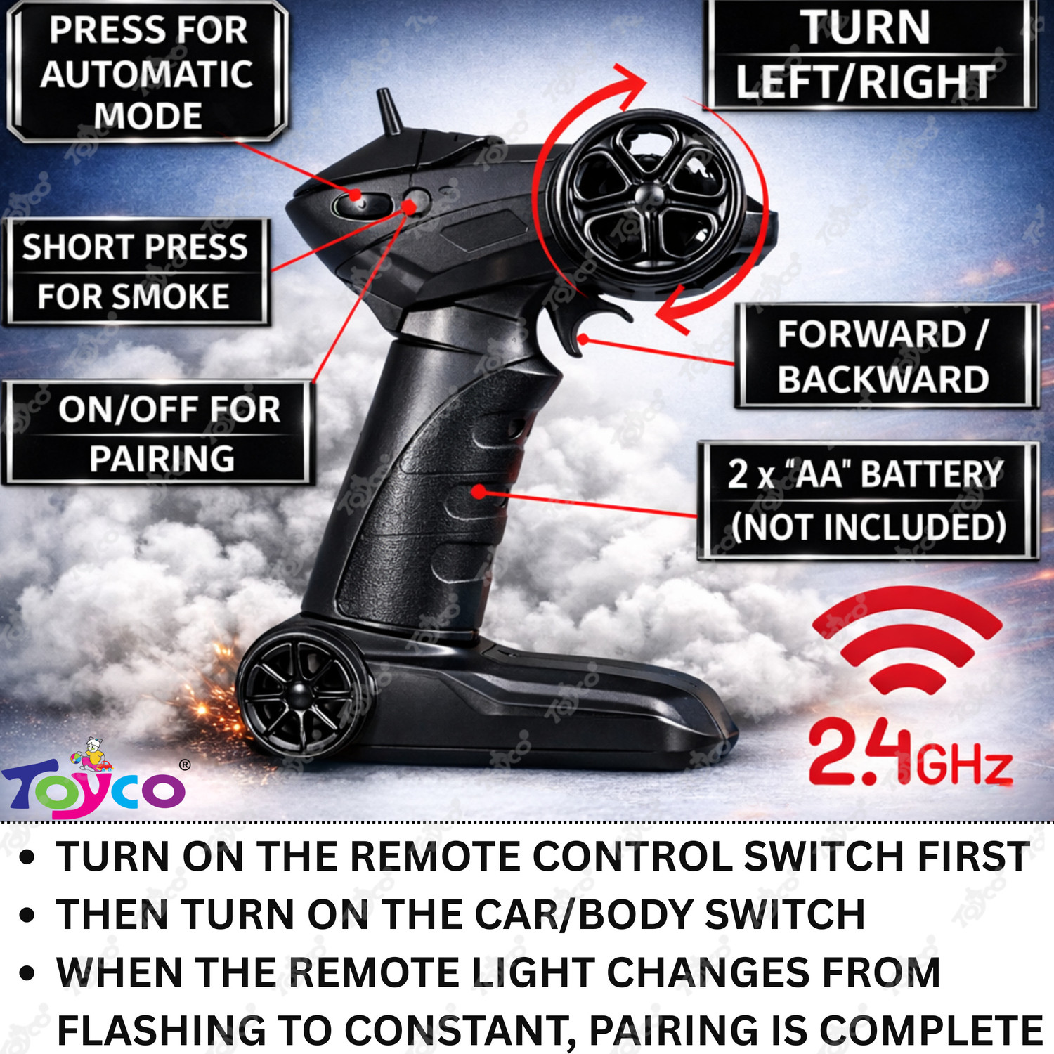 Image of Toyco 2.4GHz Spray Runner Drift Rc Racing with Smoke Remote Control Car for Kids