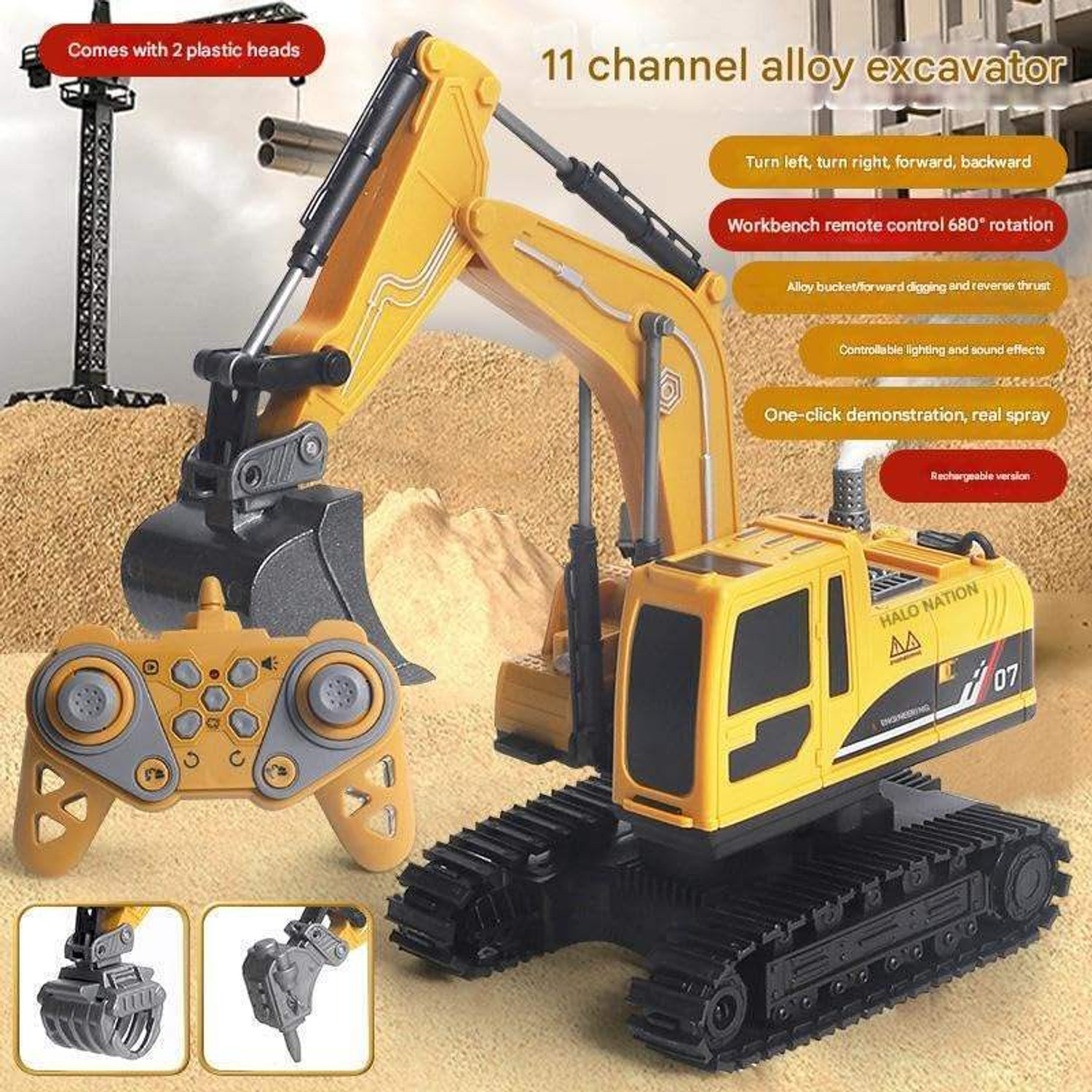 Image of HALO NATION 11 Channel RC Excavator Rechargeable Truck With 360 Rotation & Moving Shovel