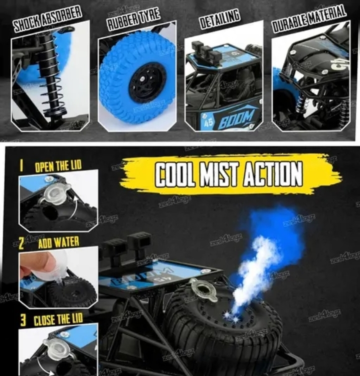 Image of FS TOYS Blue 4x4 rock crawler with smoke RC car rechargeable